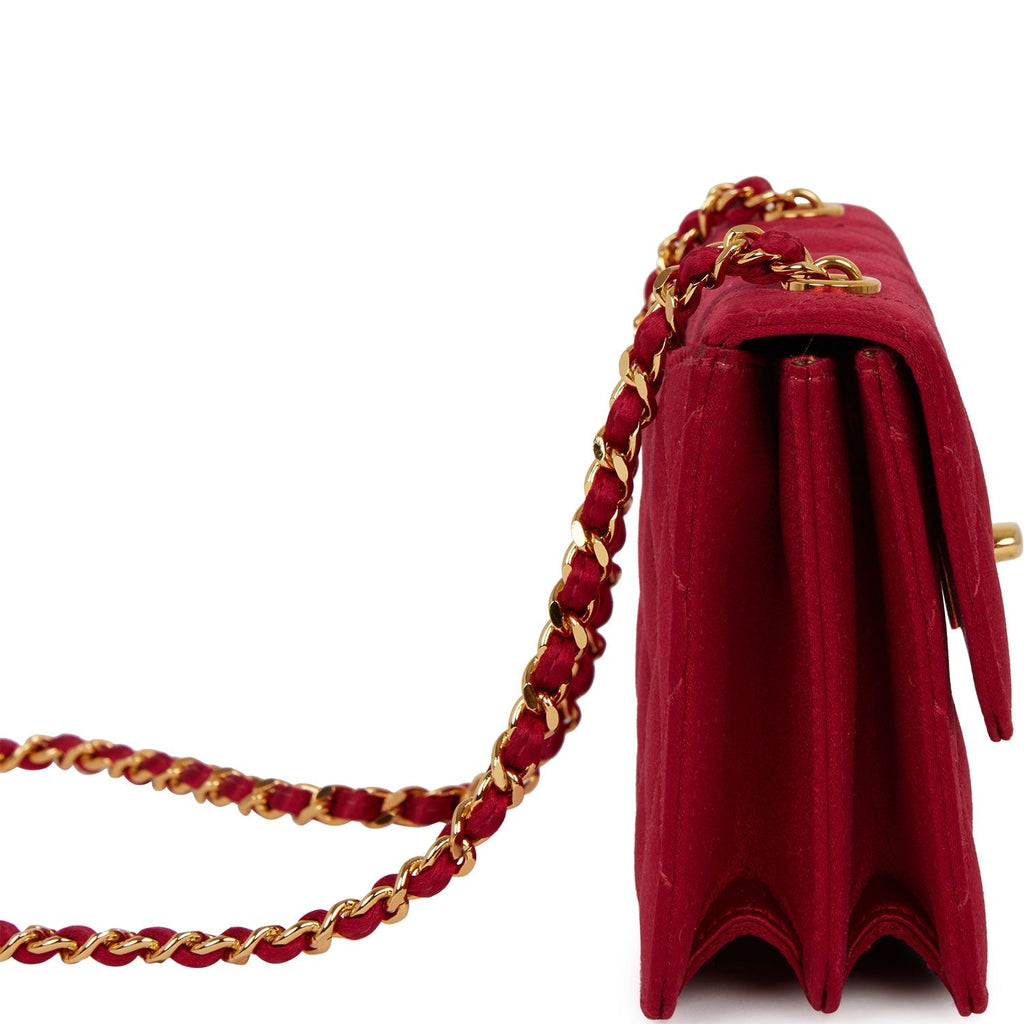 Vintage Chanel Mini Flap Bag Red Satin Gold Hardware