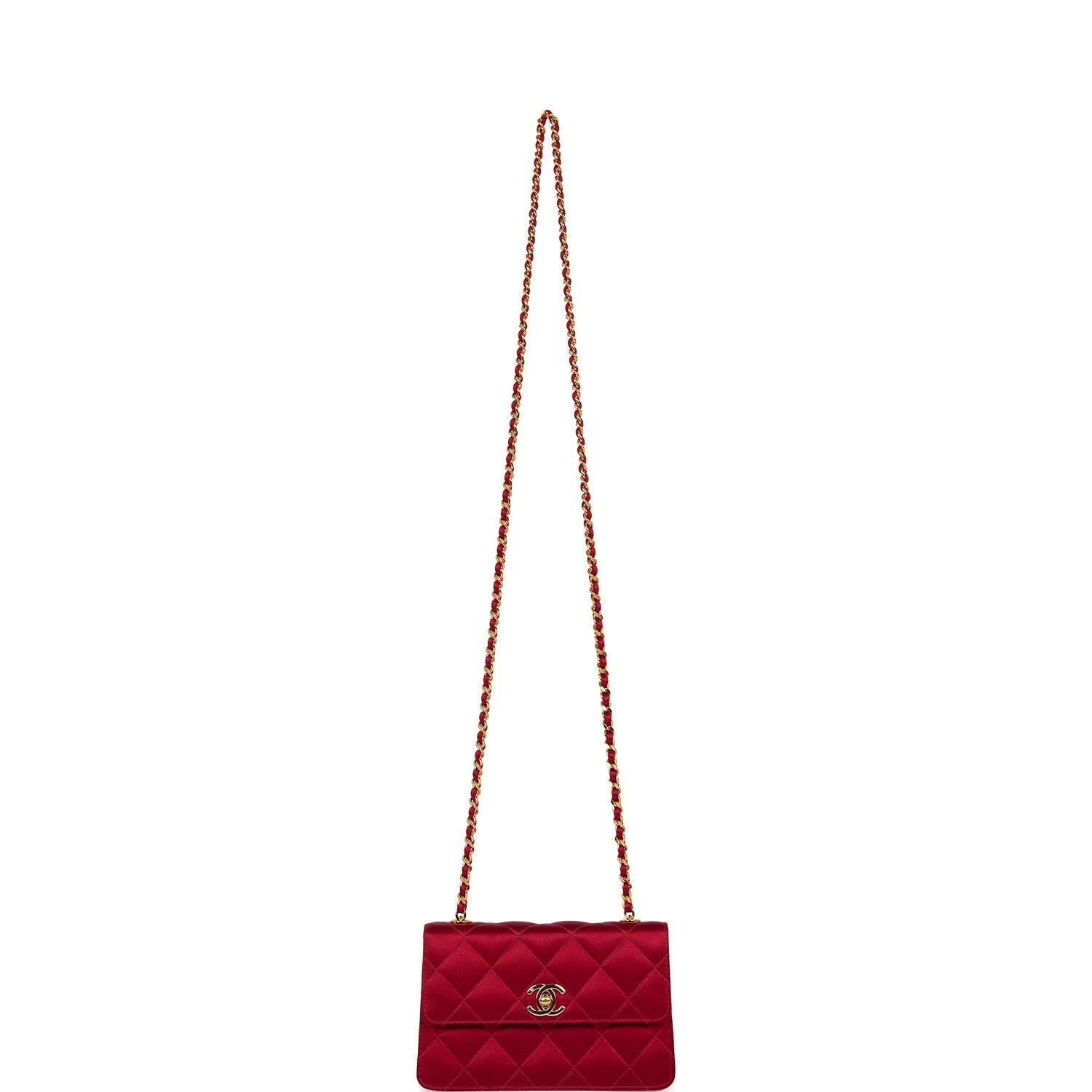 Vintage Chanel Mini Flap Bag Red Satin Gold Hardware