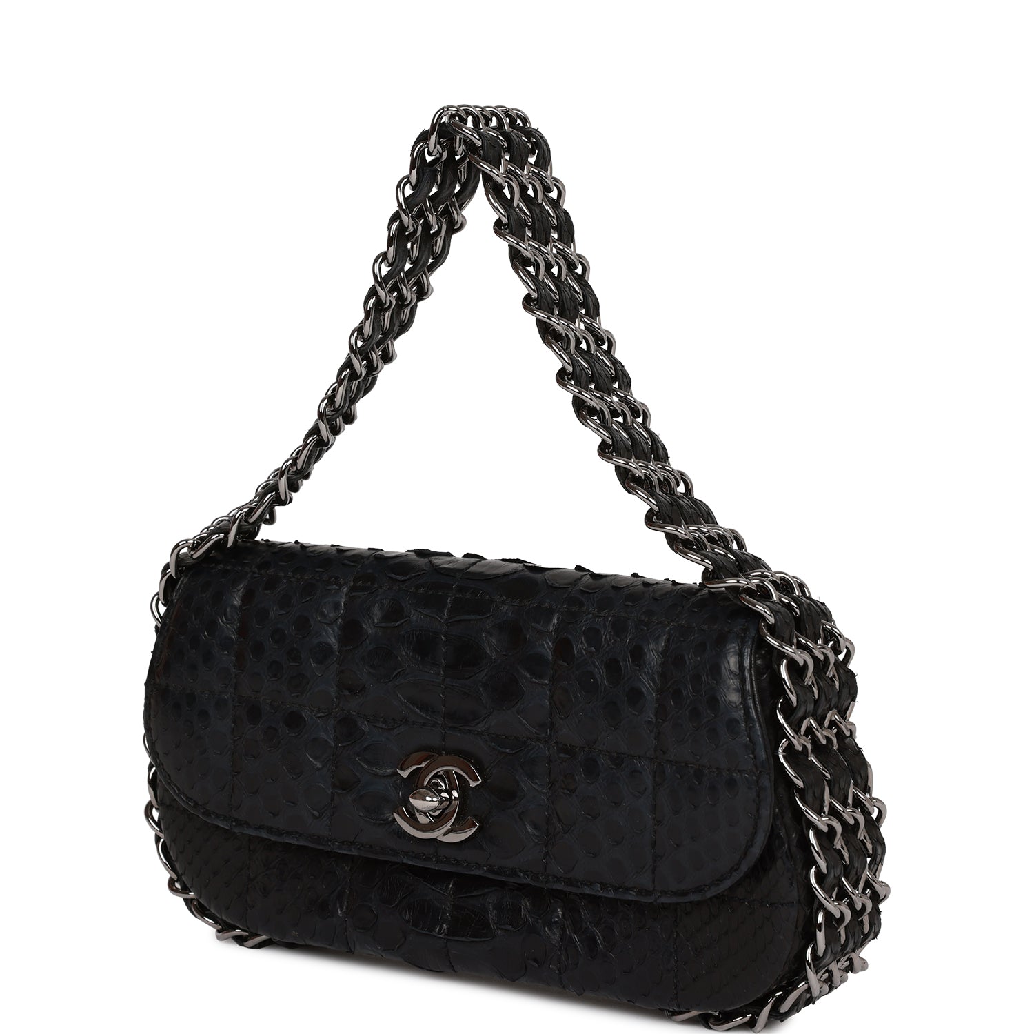 Vintage Chanel Mini Flap Bag Black Python Silver Hardware