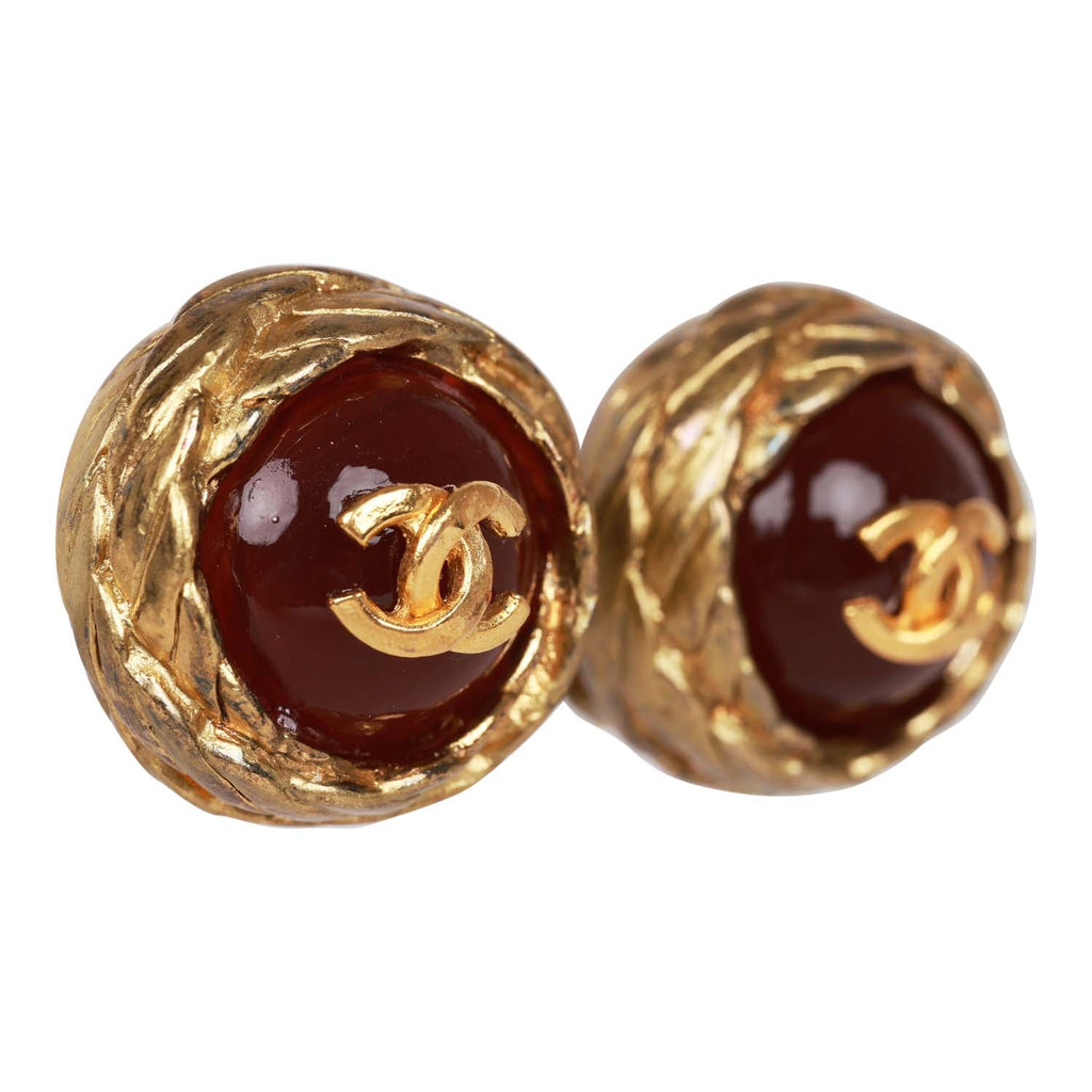 Vintage Chanel Gold CC Red Gripoix Stud Earrings