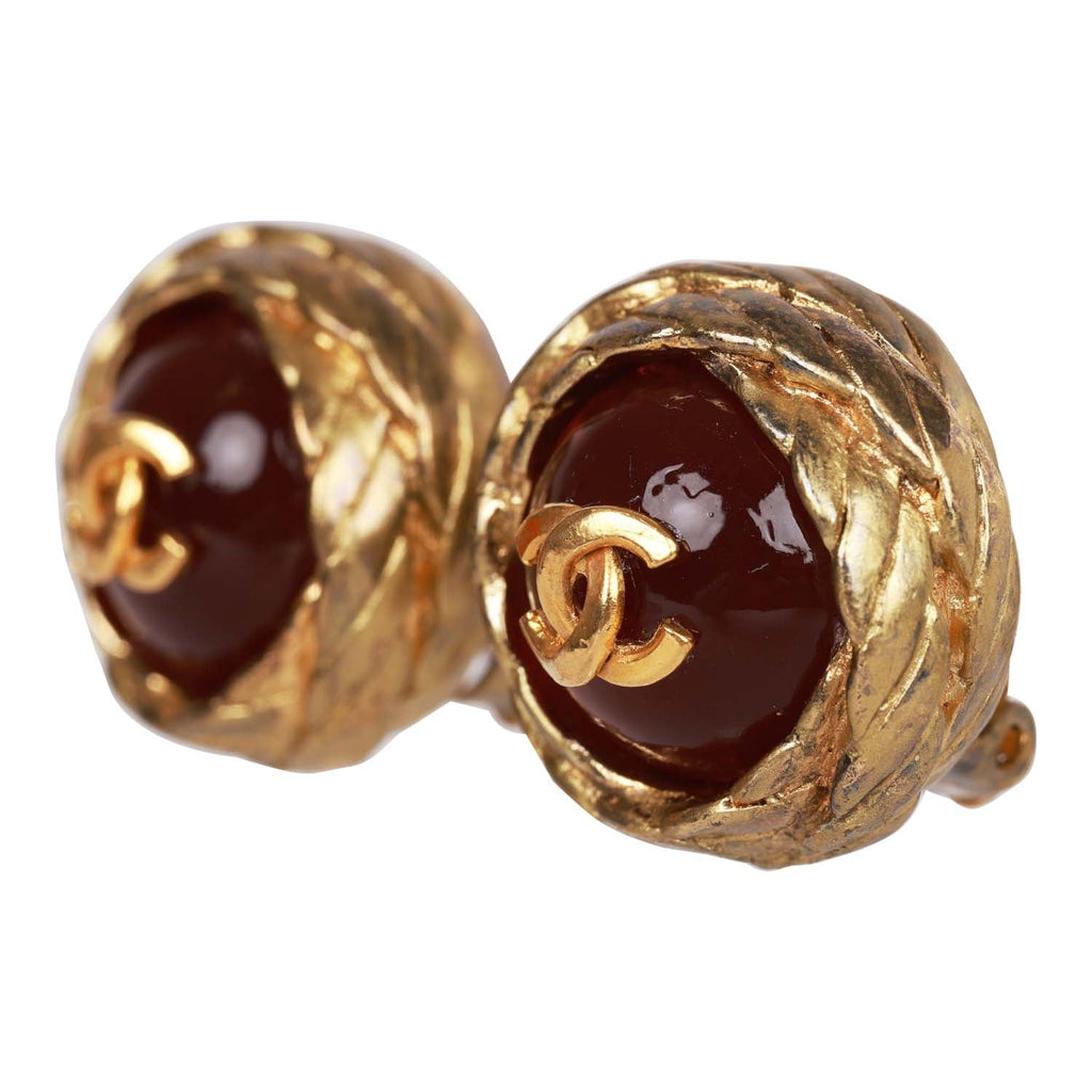 Vintage Chanel Gold CC Red Gripoix Stud Earrings