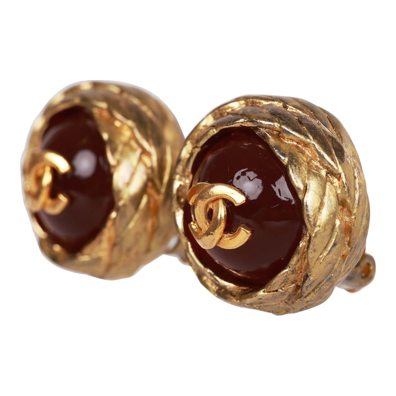 Vintage Chanel Gold CC Red Gripoix Stud Earrings