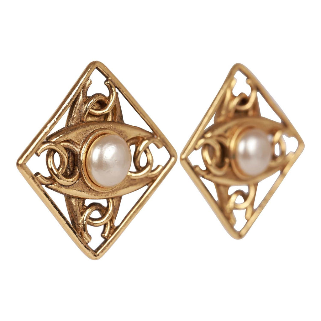 Vintage Chanel Gold Tone CC Square Pearl Earrings