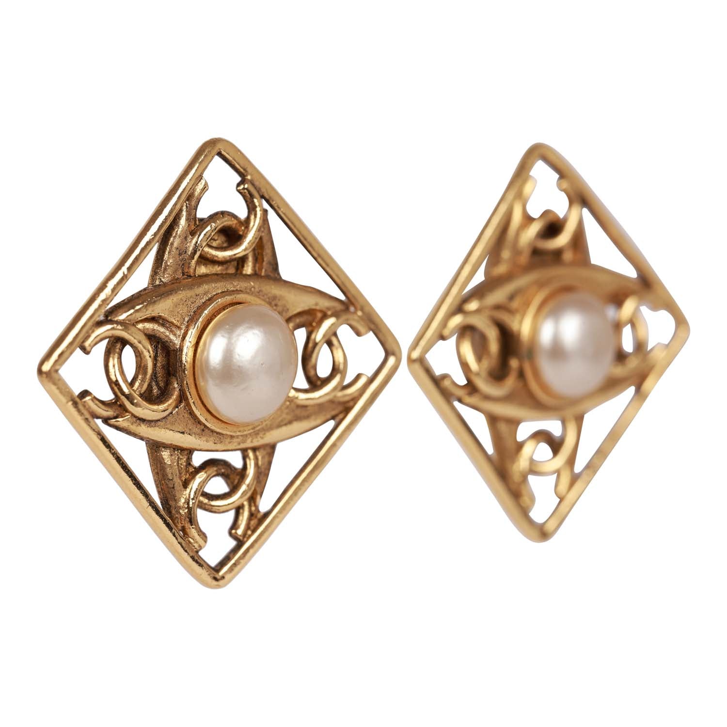 Vintage Chanel Gold Tone CC Square Pearl Earrings