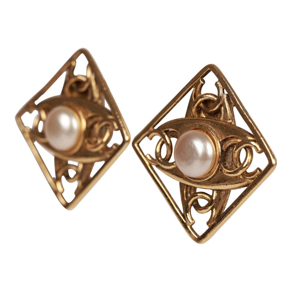 Vintage Chanel Gold Tone CC Square Pearl Earrings