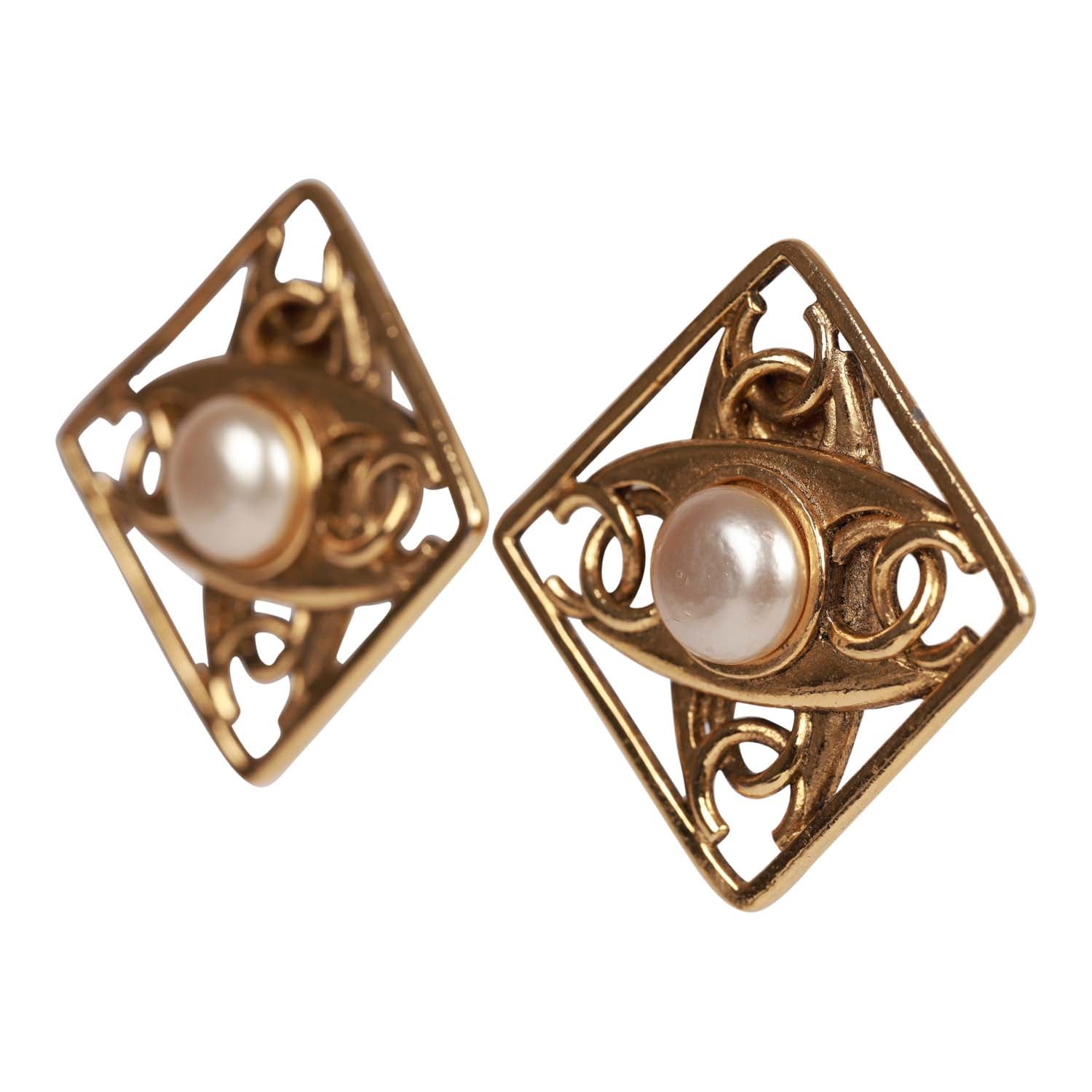 Vintage Chanel Gold Tone CC Square Pearl Earrings