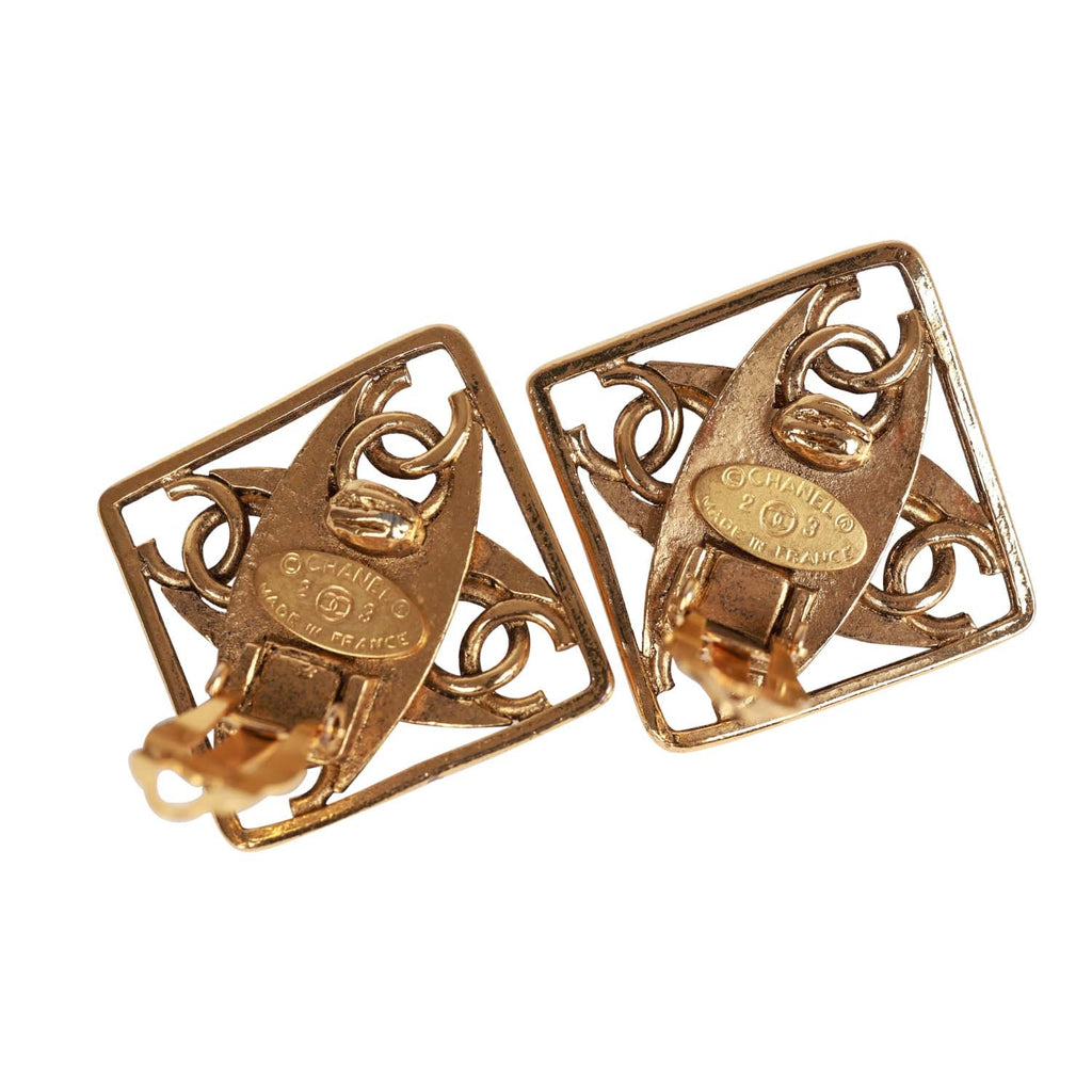 Vintage Chanel Gold Tone CC Square Pearl Earrings