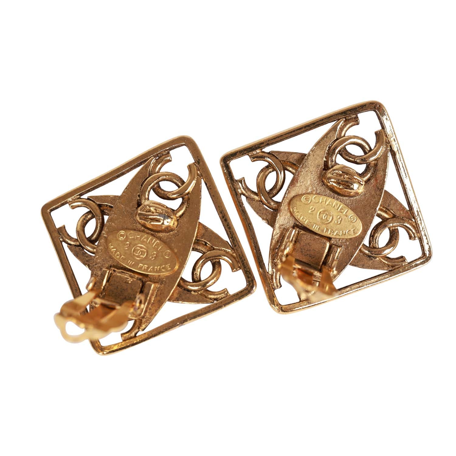 Vintage Chanel Gold Tone CC Square Pearl Earrings