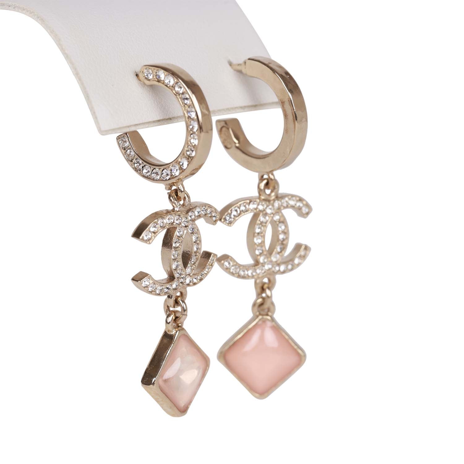 Chanel Pink Crystal CC Pendant Earrings