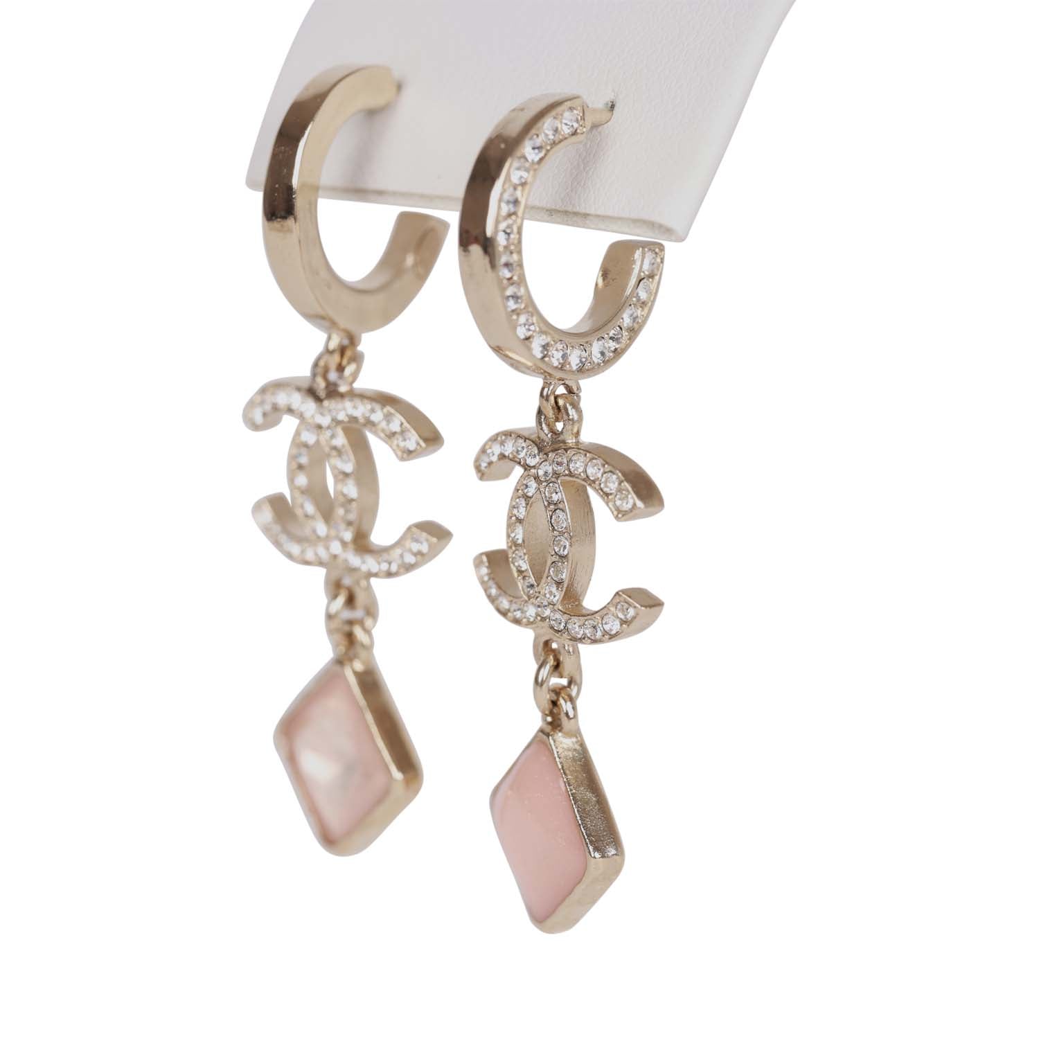 Chanel Pink Crystal CC Pendant Earrings