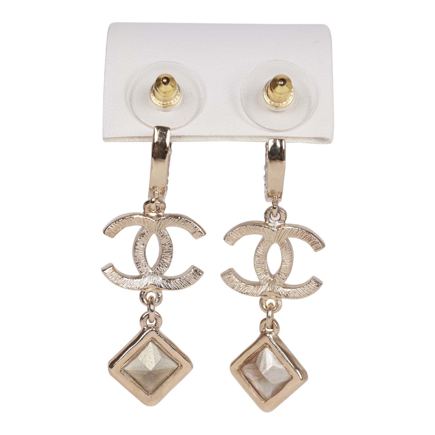 Chanel Pink Crystal CC Pendant Earrings