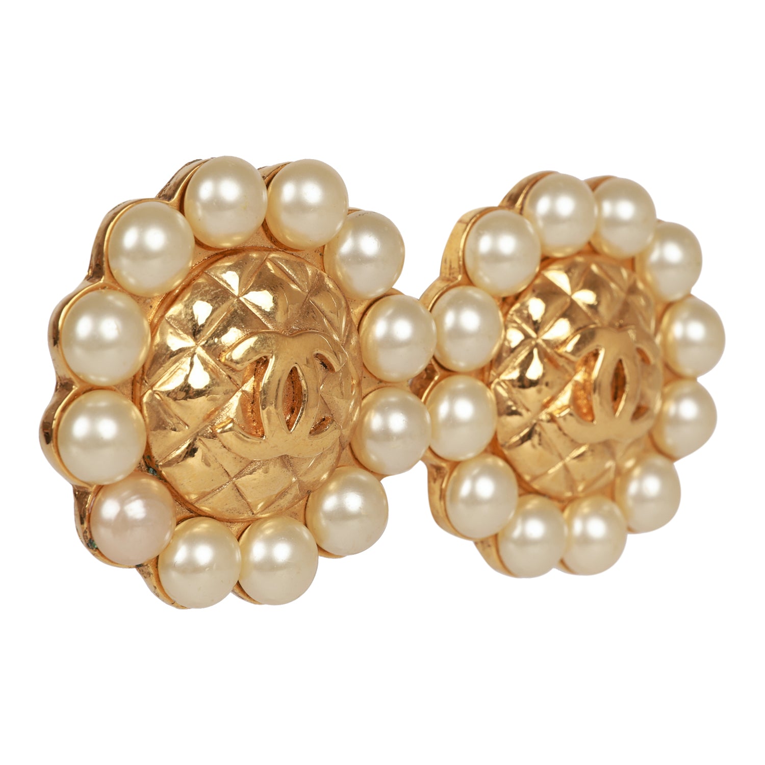 Chanel Vintage CC Logo Pearl Circle Gold Earrings