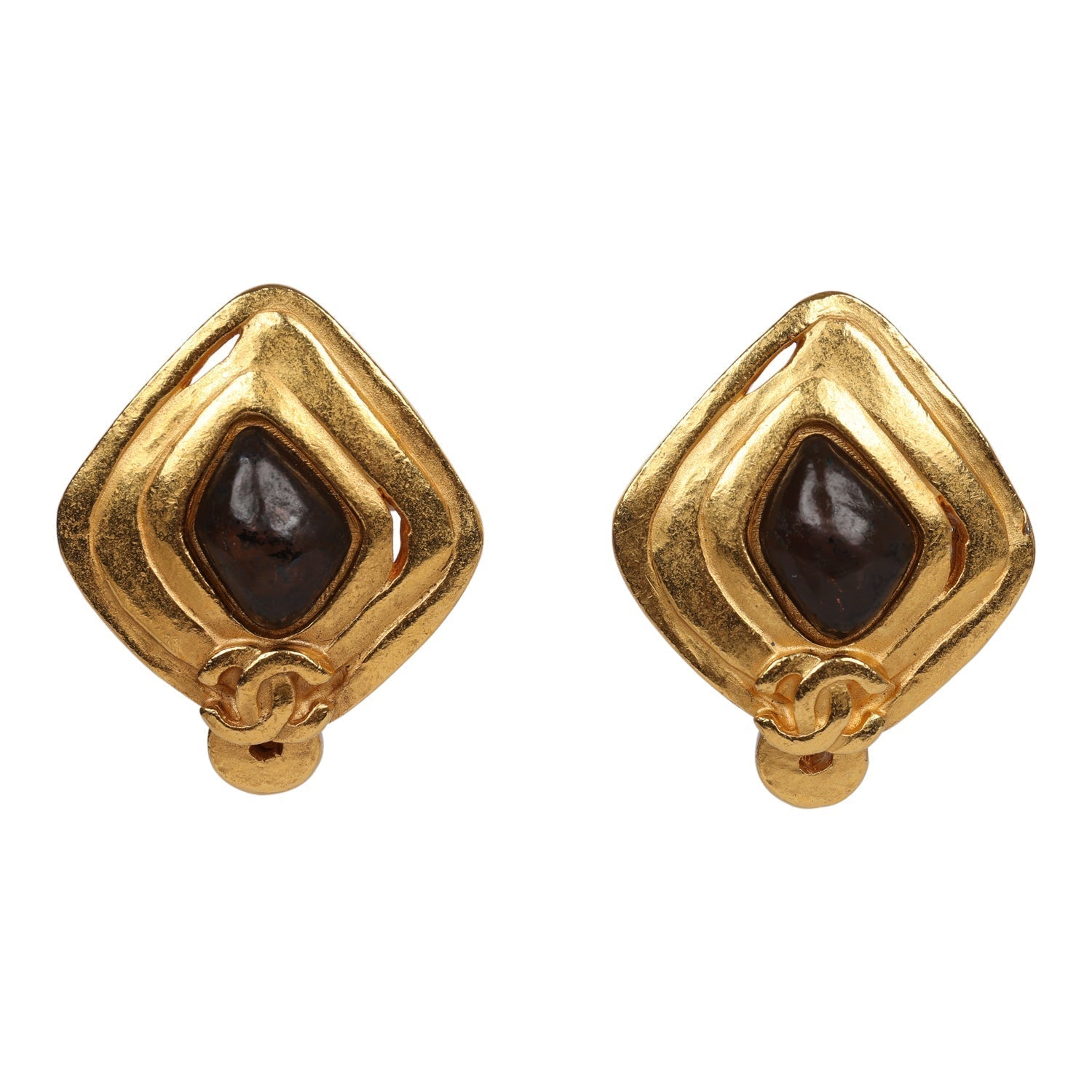 Vintage Chanel Abstract Stone and Gold Metal Earrings