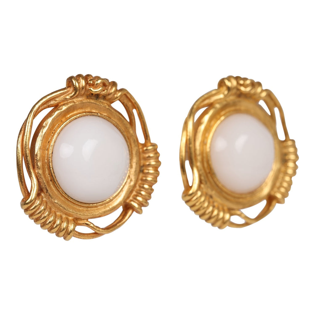 Vintage Chanel White Gripoix Gold Metal Earrings