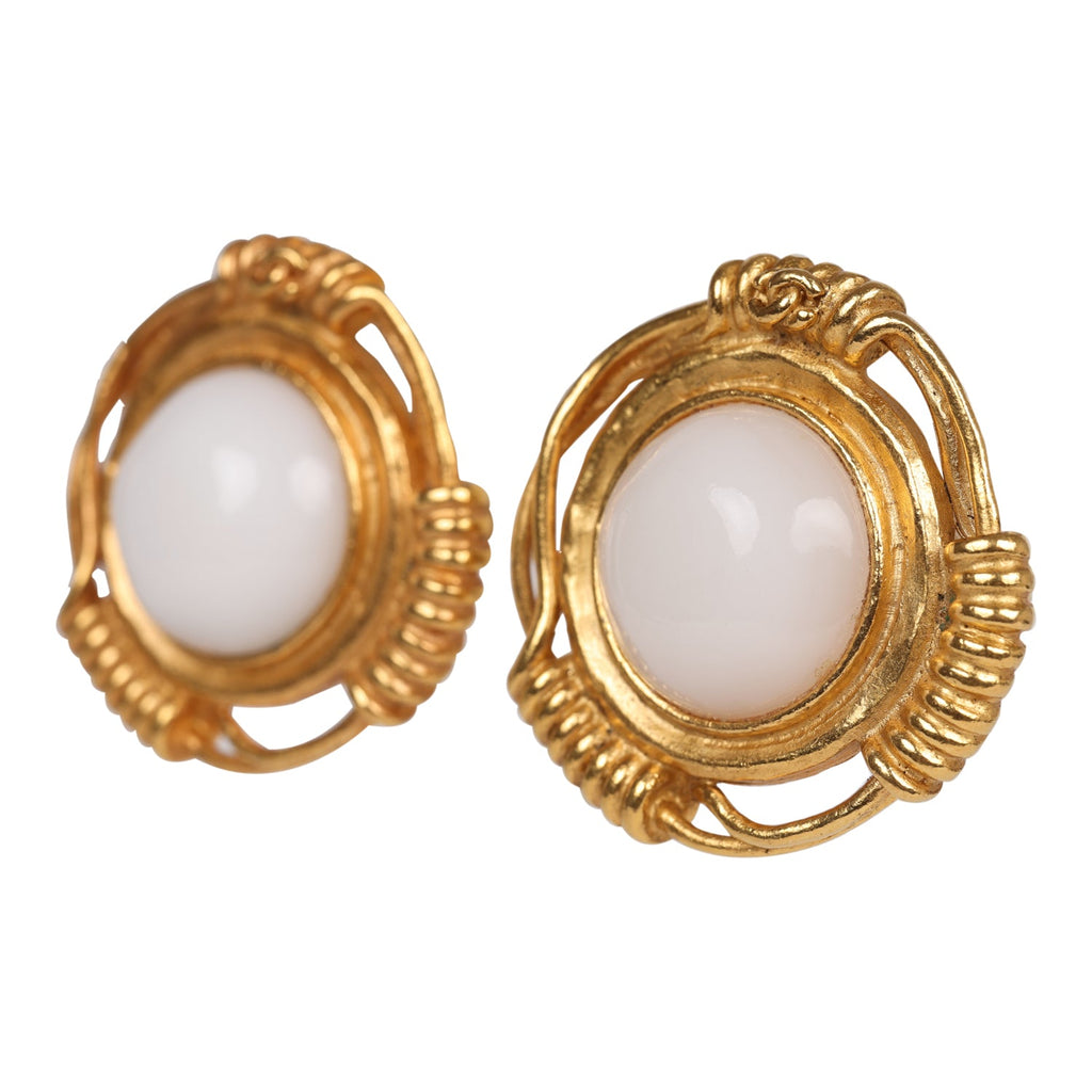 Vintage Chanel White Gripoix Gold Metal Earrings