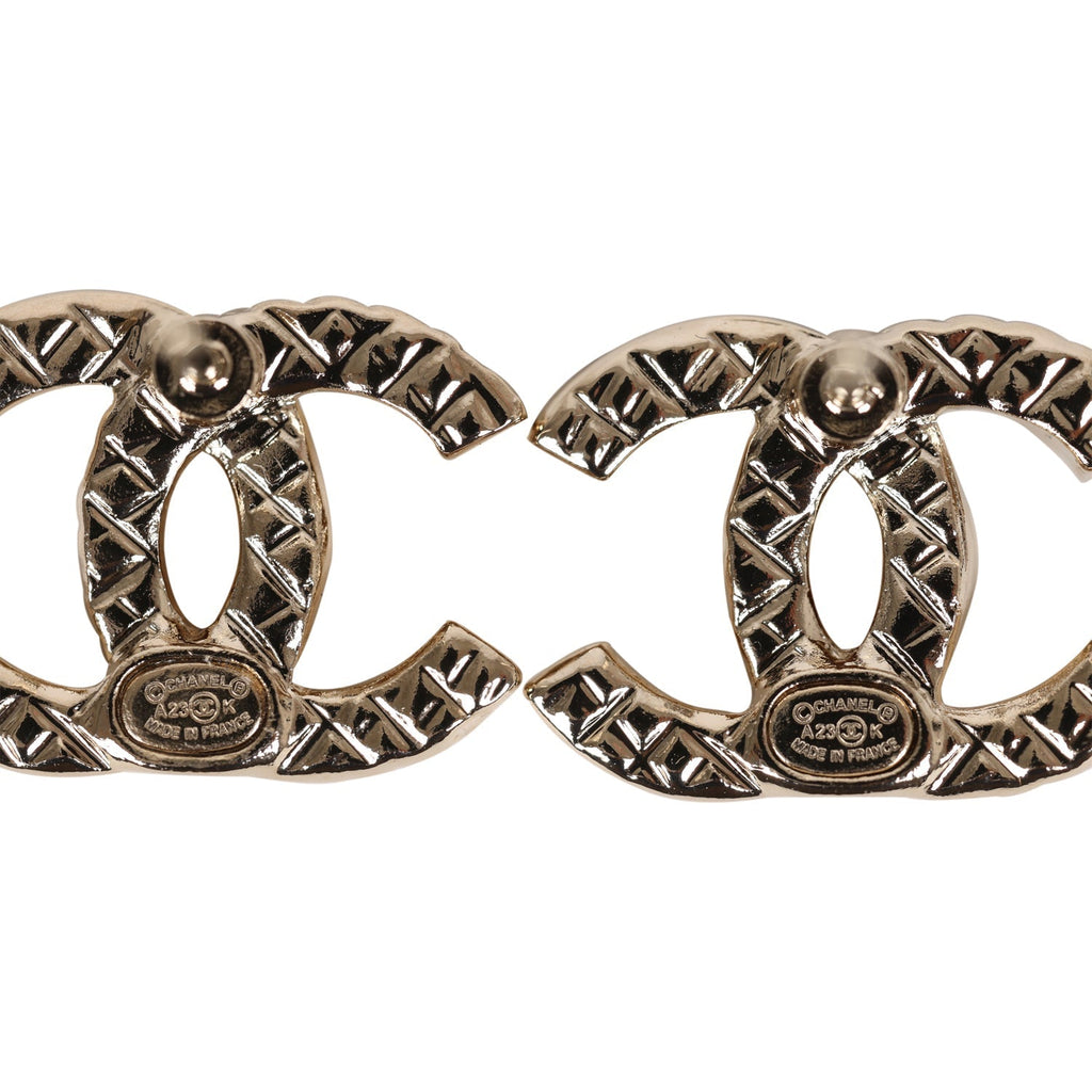 Chanel Half Quilted & Half Crystal CC Stud Earring Gold Hardware