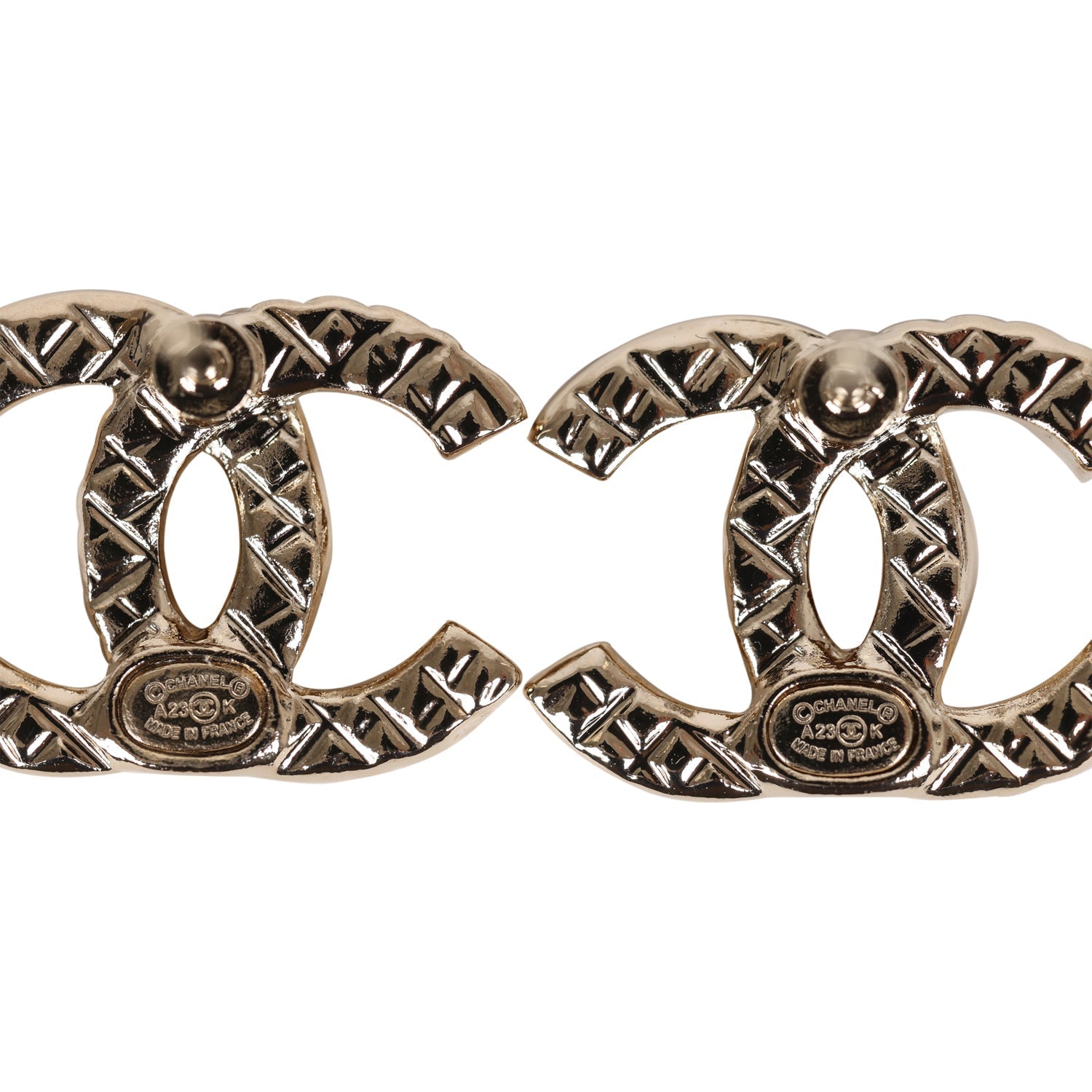 Chanel Half Quilted & Half Crystal CC Stud Earring Gold Hardware