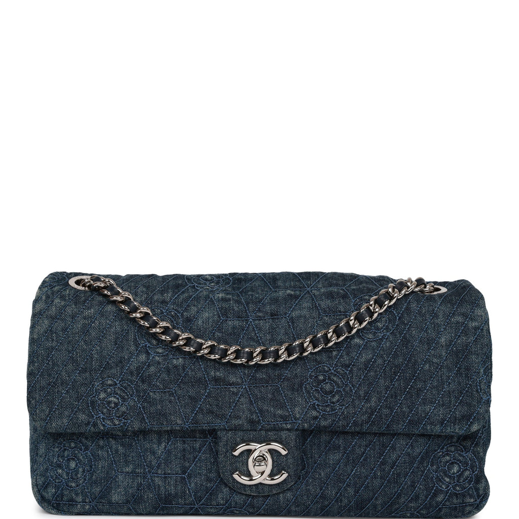 Pre-owned Chanel Camellia Flap Bag Distressed Blue Denim Silver Hardware
