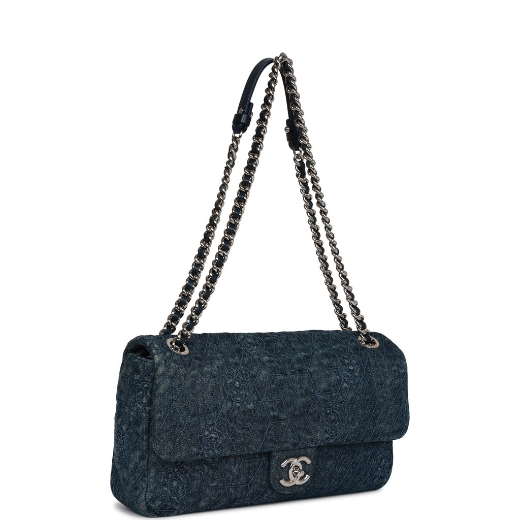Pre-owned Chanel Camellia Flap Bag Distressed Blue Denim Silver Hardware