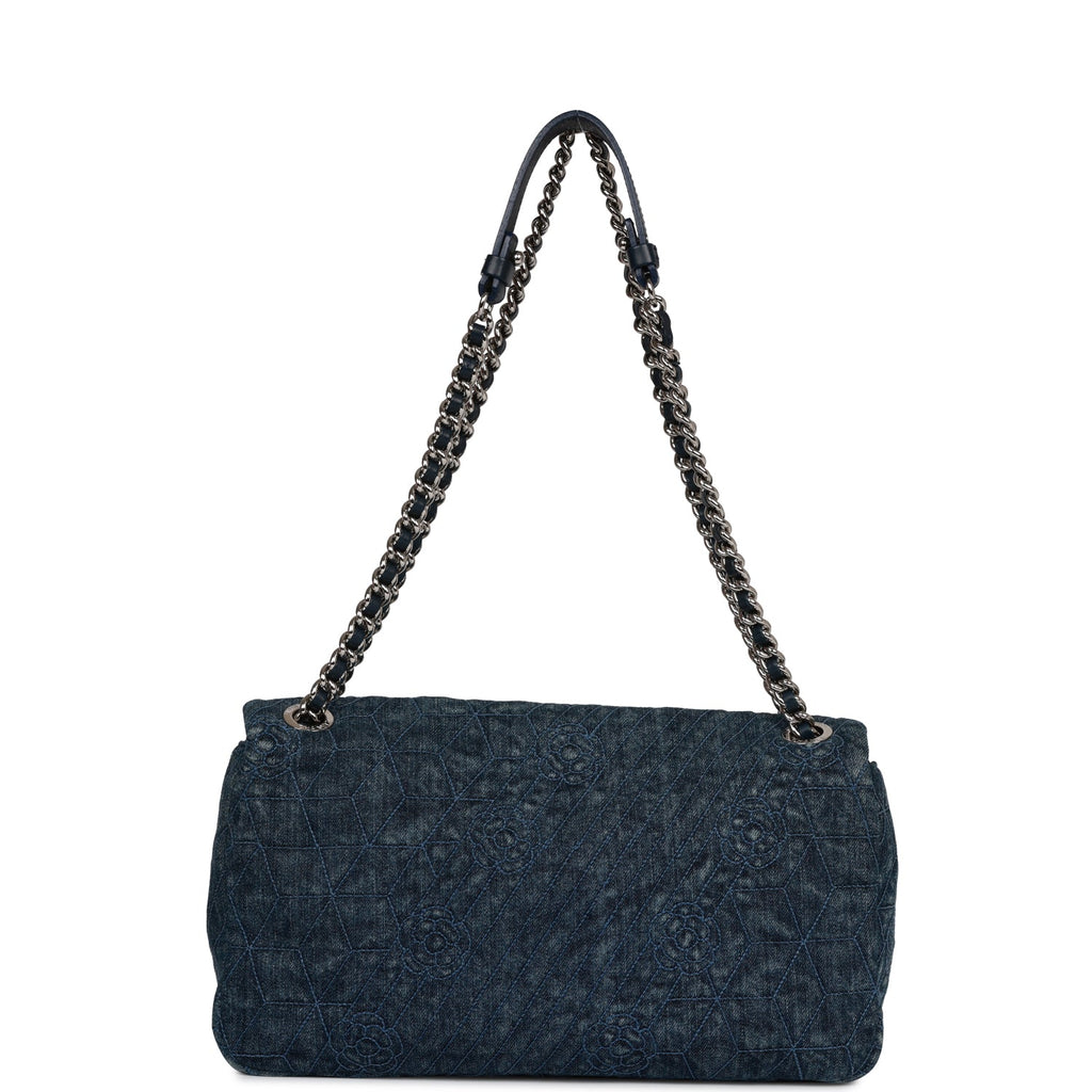 Pre-owned Chanel Camellia Flap Bag Distressed Blue Denim Silver Hardware