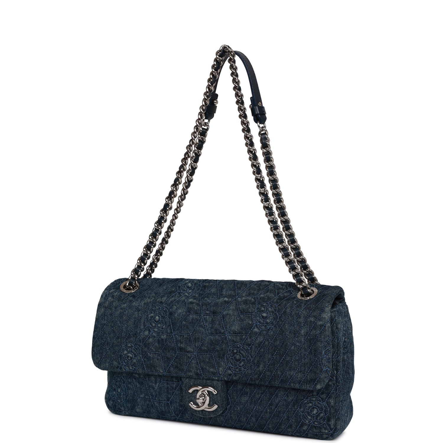 Pre-owned Chanel Camellia Flap Bag Distressed Blue Denim Silver Hardware