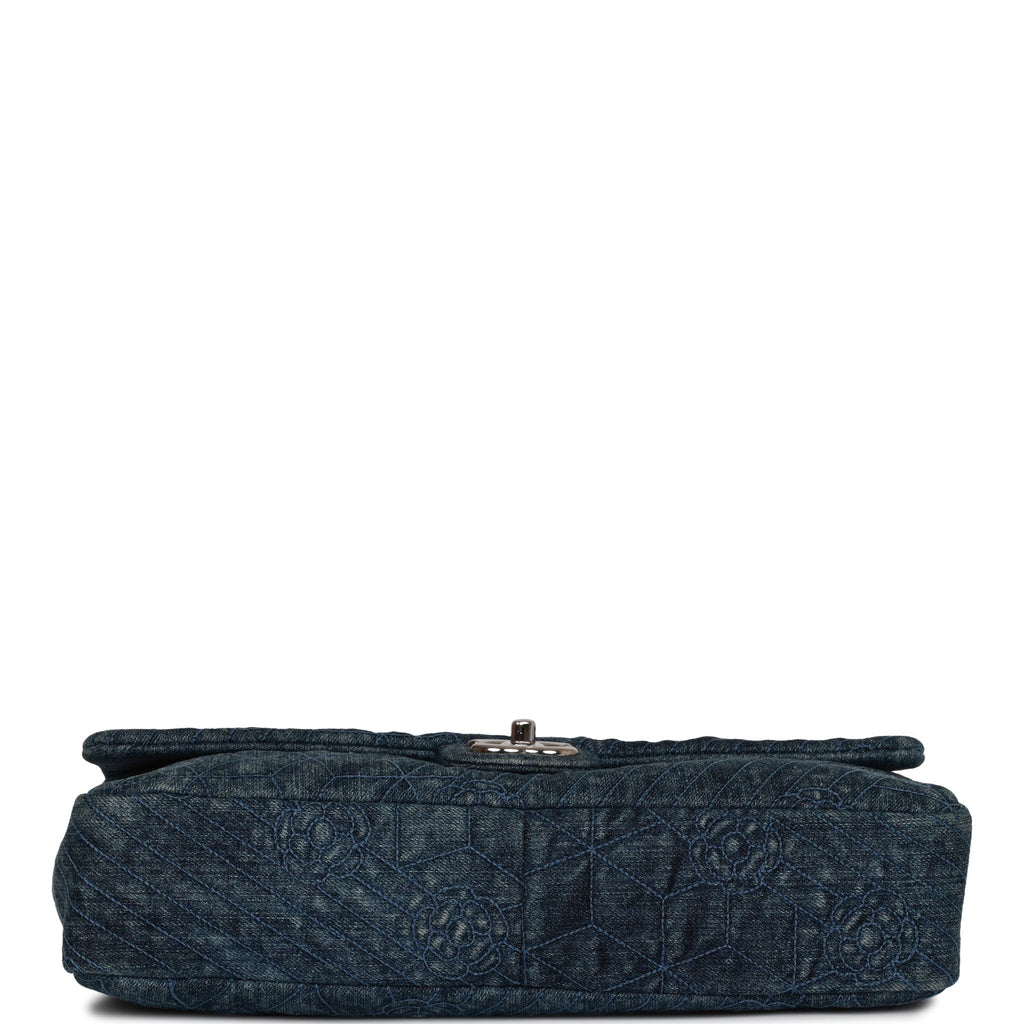 Pre-owned Chanel Camellia Flap Bag Distressed Blue Denim Silver Hardware