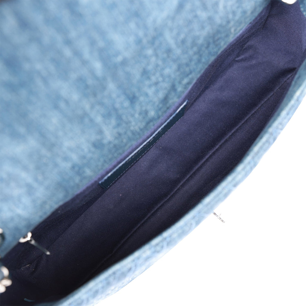 Pre-owned Chanel Camellia Flap Bag Distressed Blue Denim Silver Hardware