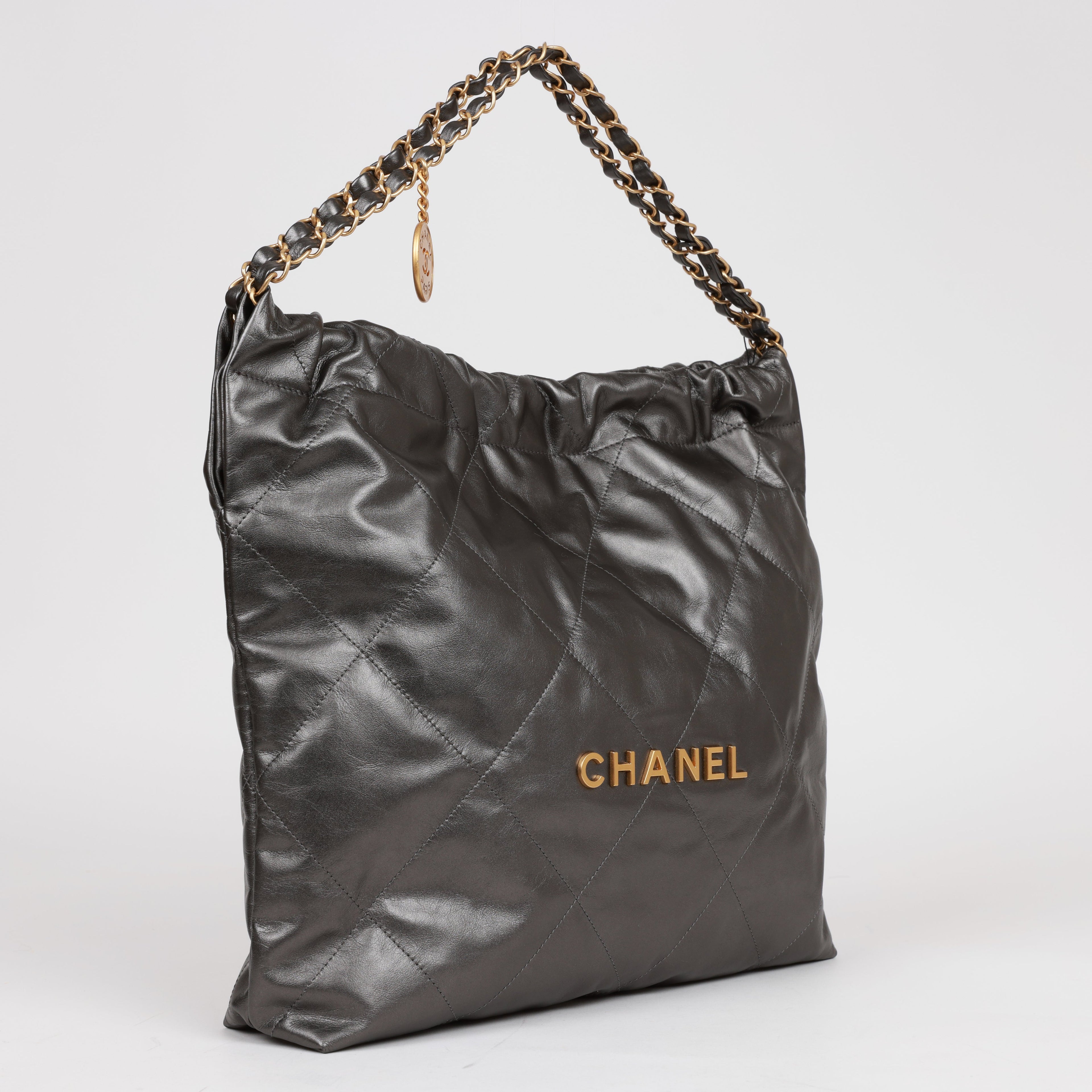 Chanel Medium 22 Bag Rhuthenium Calfskin Gold Hardware