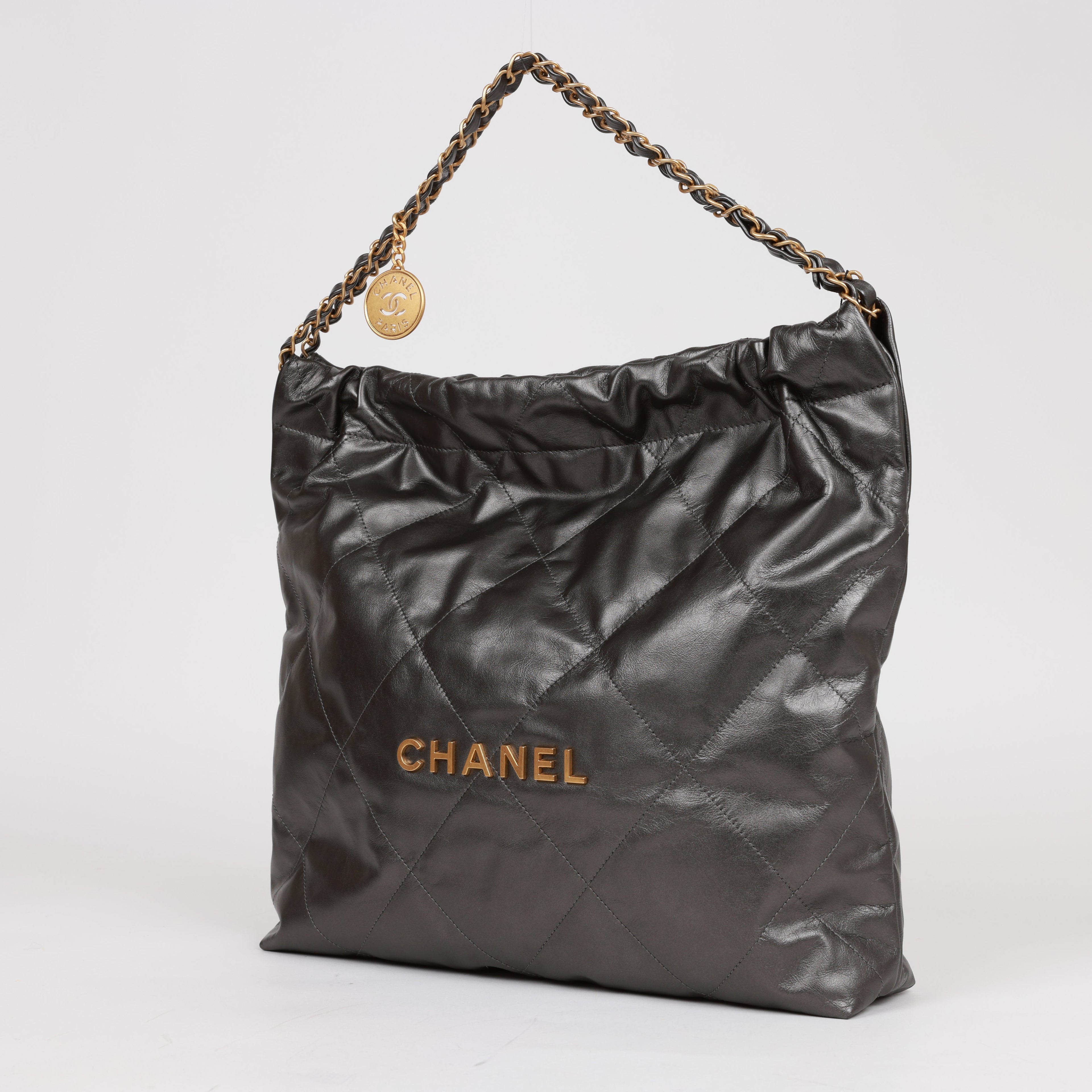 Chanel Medium 22 Bag Rhuthenium Calfskin Gold Hardware