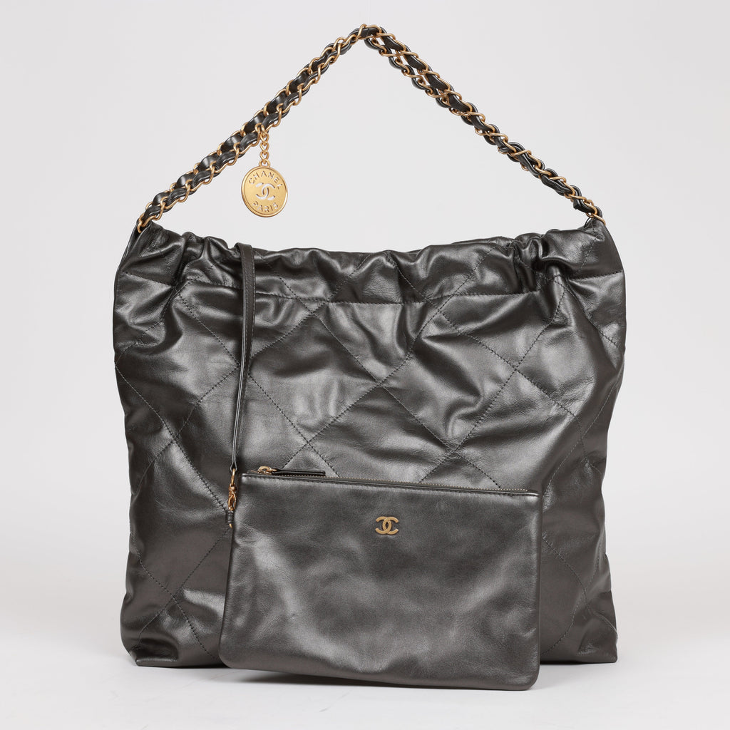Chanel Medium 22 Bag Rhuthenium Calfskin Gold Hardware