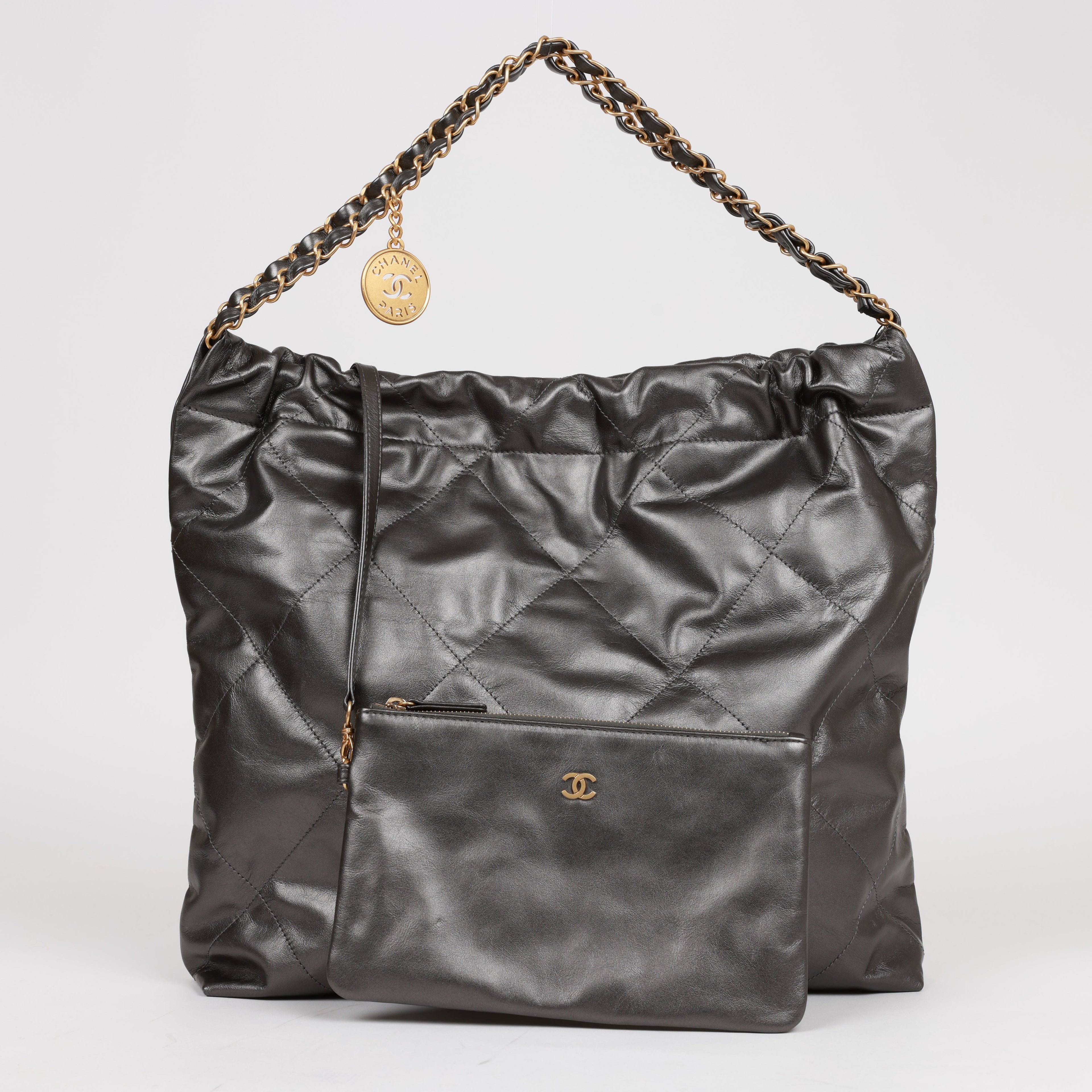 Chanel Medium 22 Bag Rhuthenium Calfskin Gold Hardware