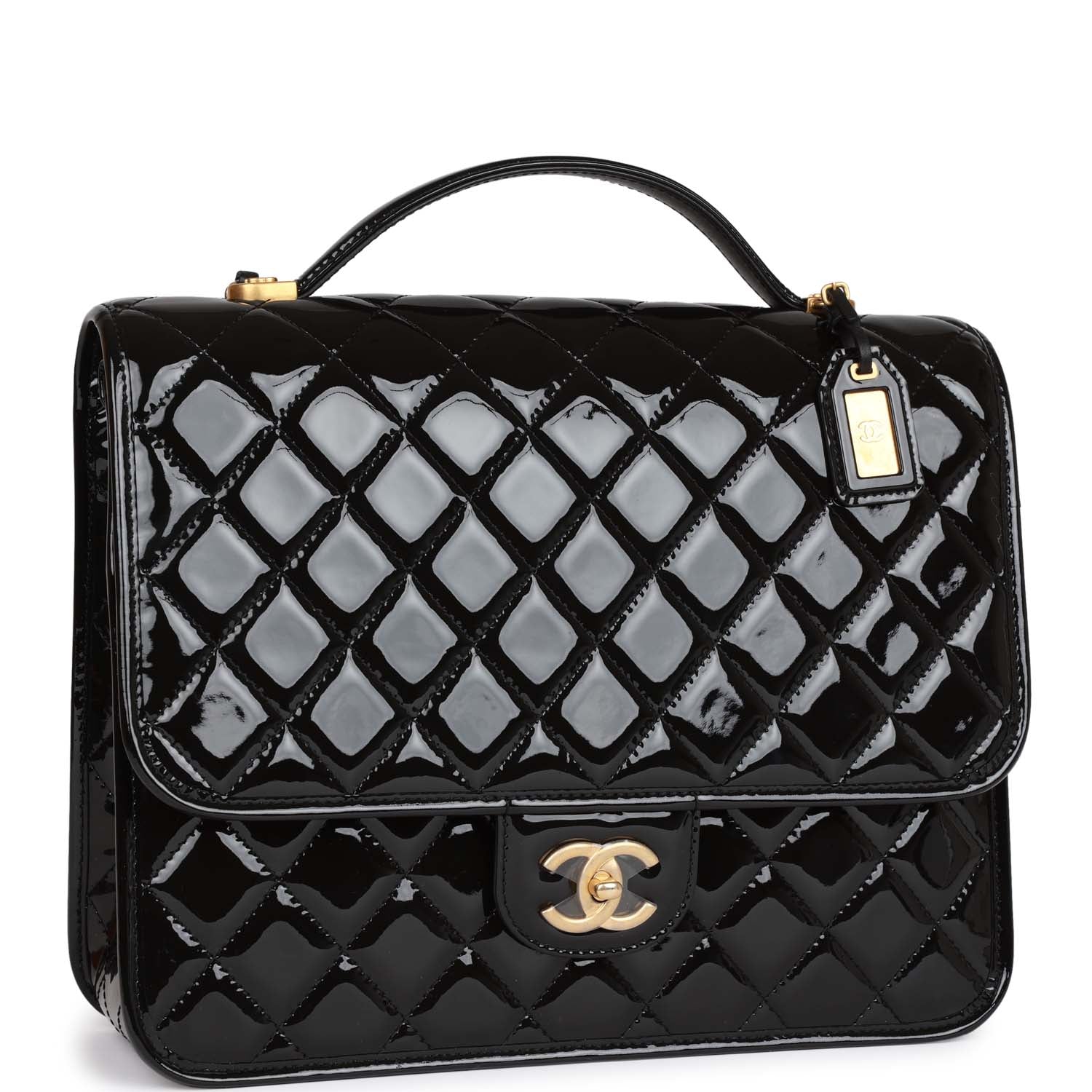 Chanel Large Flap Backpack Black Patent Antique Gold Hardware
