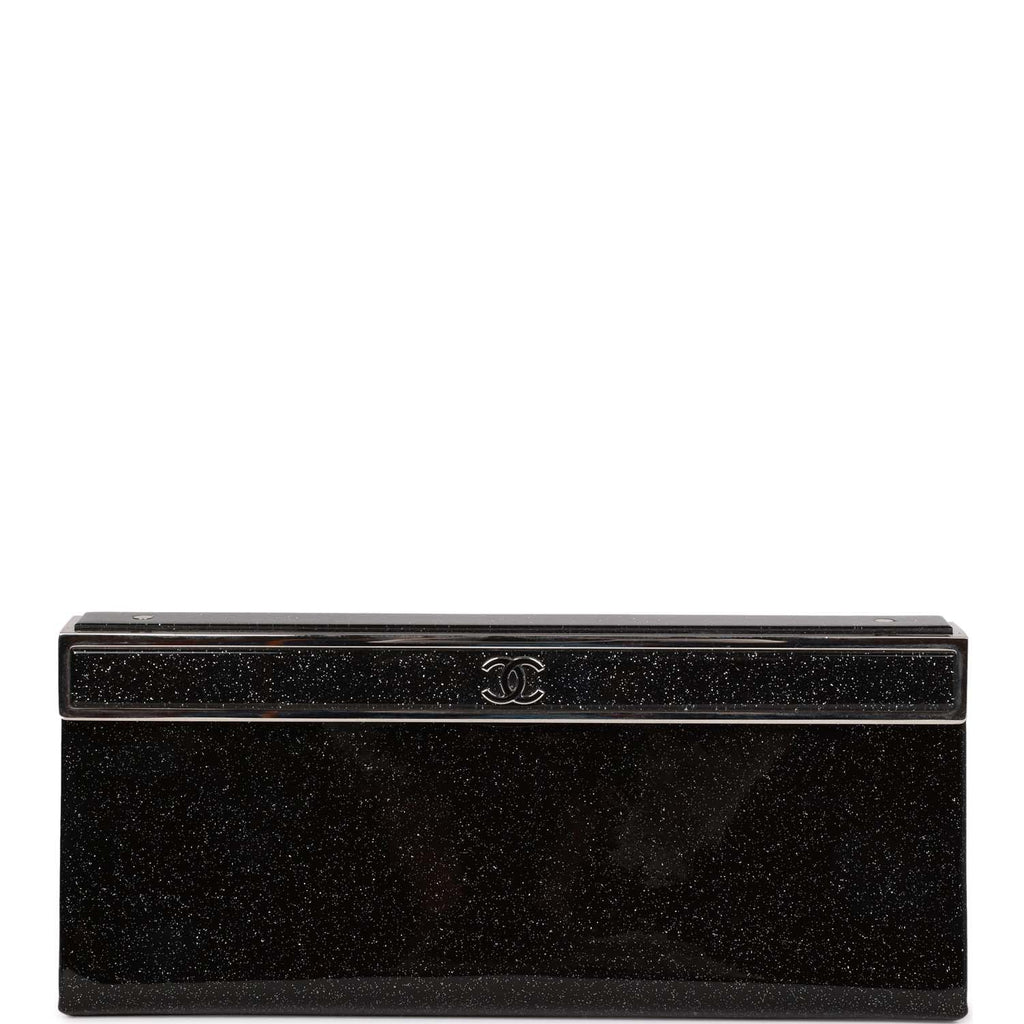 Pre-owned Chanel Minaudiere Long Frame Clutch Black Glitter Patent Silver Hardware