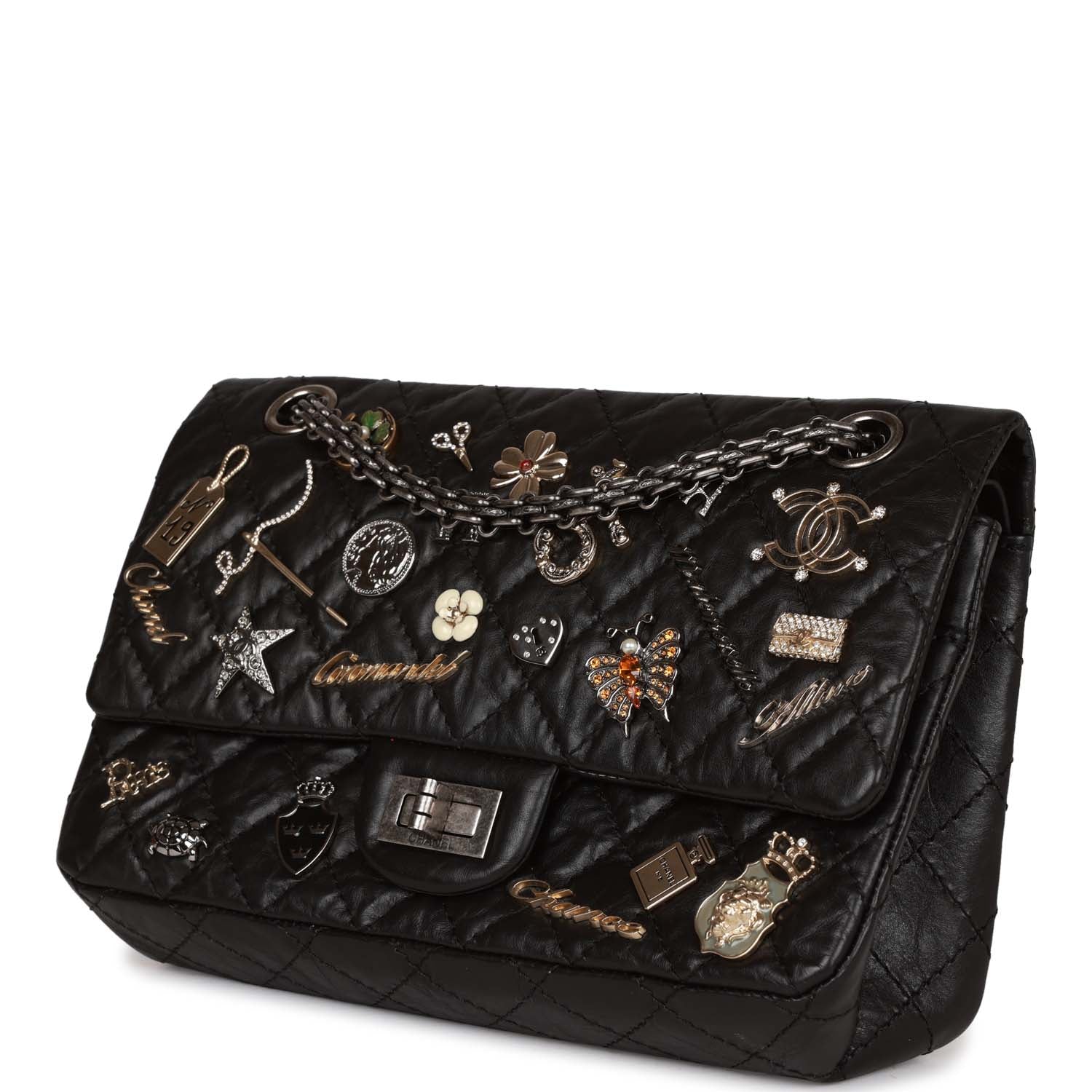 Pre-owned Chanel Lucky Charms Reissue 2.55 Flap Bag Black Aged Calfskin Ruthenium Hardware - Remaining Balance