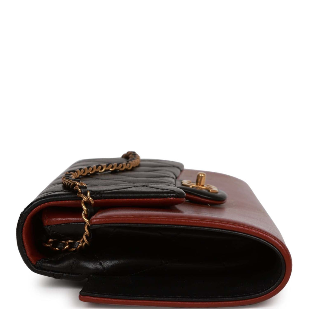 Pre-owned Chanel Classic Flap Gabrielle Brasserie Menu Clutch Burgundy and Black Lambskin Antique Gold Hardware