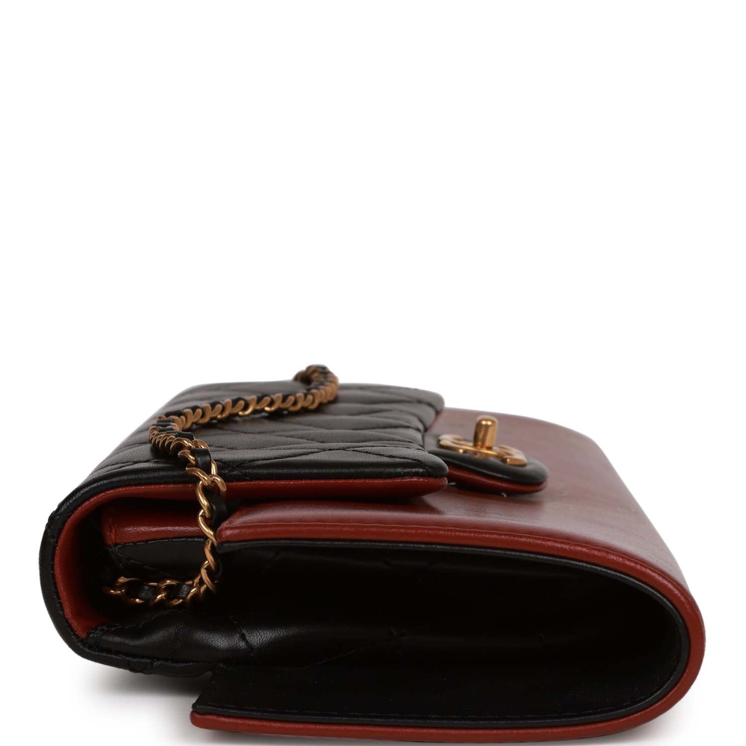 Pre-owned Chanel Classic Flap Gabrielle Brasserie Menu Clutch Burgundy and Black Lambskin Antique Gold Hardware