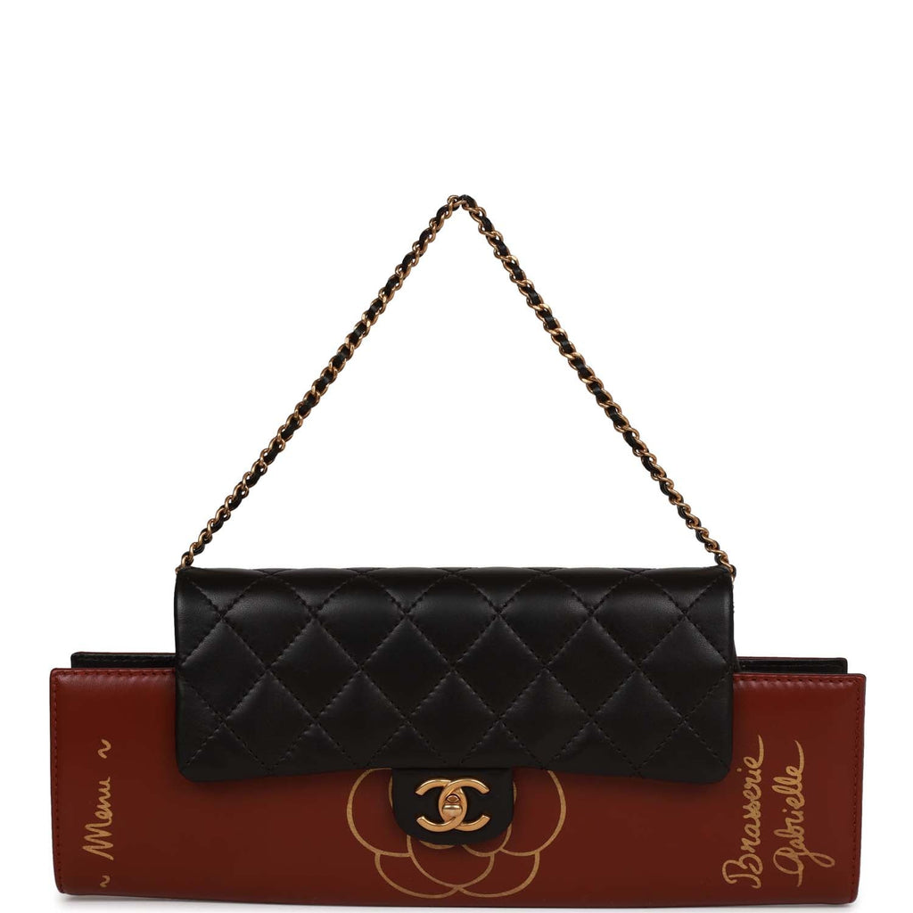 Pre-owned Chanel Classic Flap Gabrielle Brasserie Menu Clutch Burgundy and Black Lambskin Antique Gold Hardware