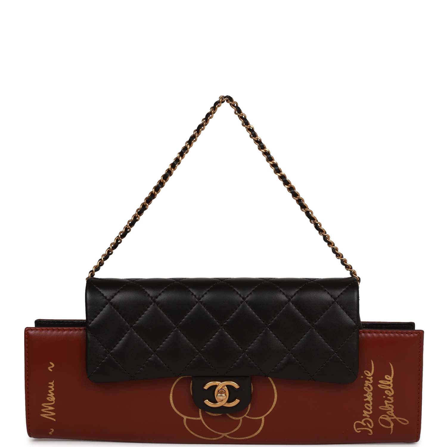 Pre-owned Chanel Classic Flap Gabrielle Brasserie Menu Clutch Burgundy and Black Lambskin Antique Gold Hardware