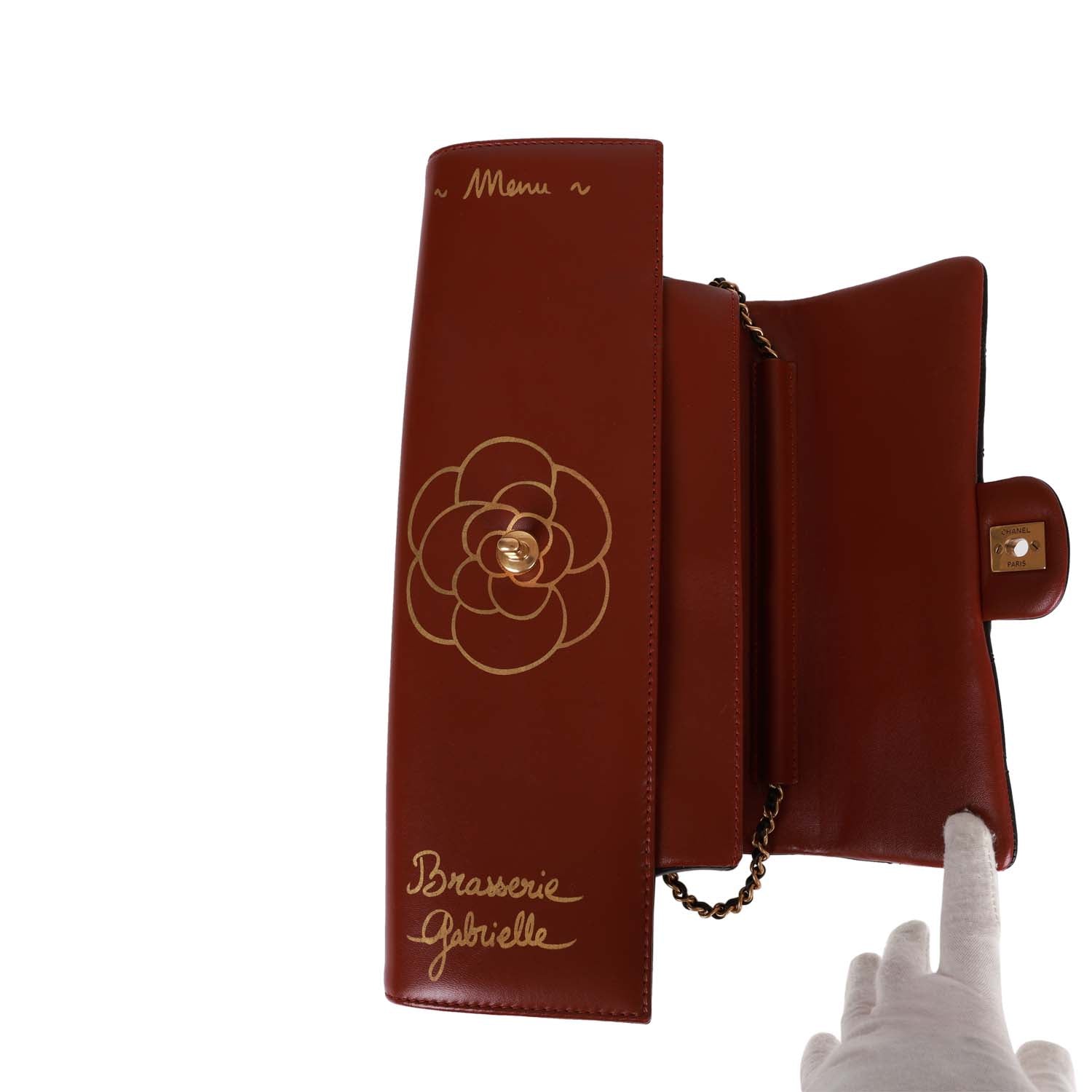 Pre-owned Chanel Classic Flap Gabrielle Brasserie Menu Clutch Burgundy and Black Lambskin Antique Gold Hardware