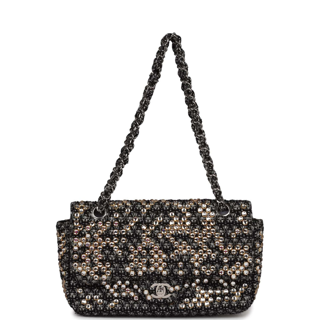 Pre-owned Chanel Medium Single Flap Black and White Tweed With Crystals Silver Hardware