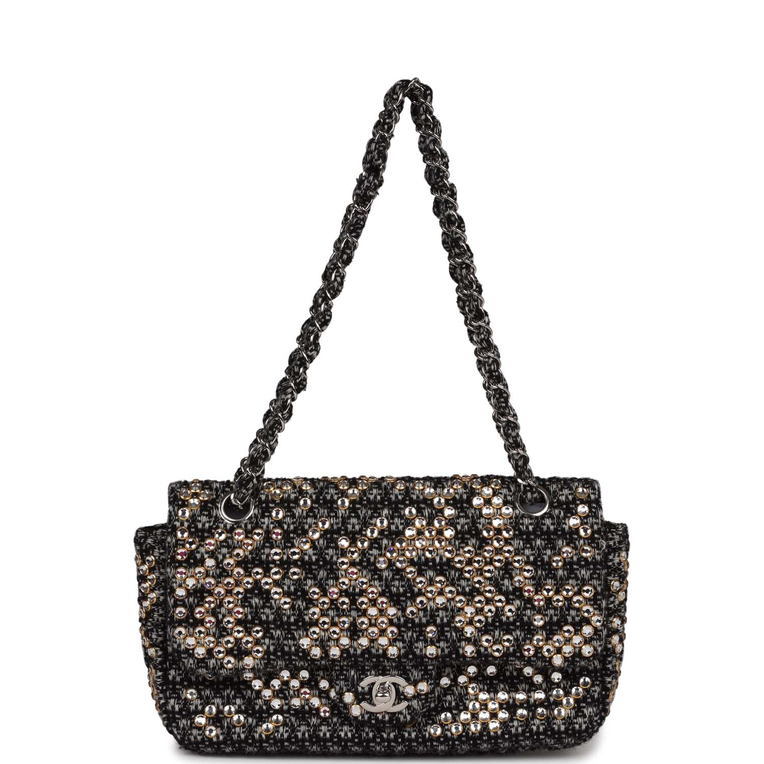 Pre-owned Chanel Medium Single Flap Black and White Tweed With Crystals Silver Hardware