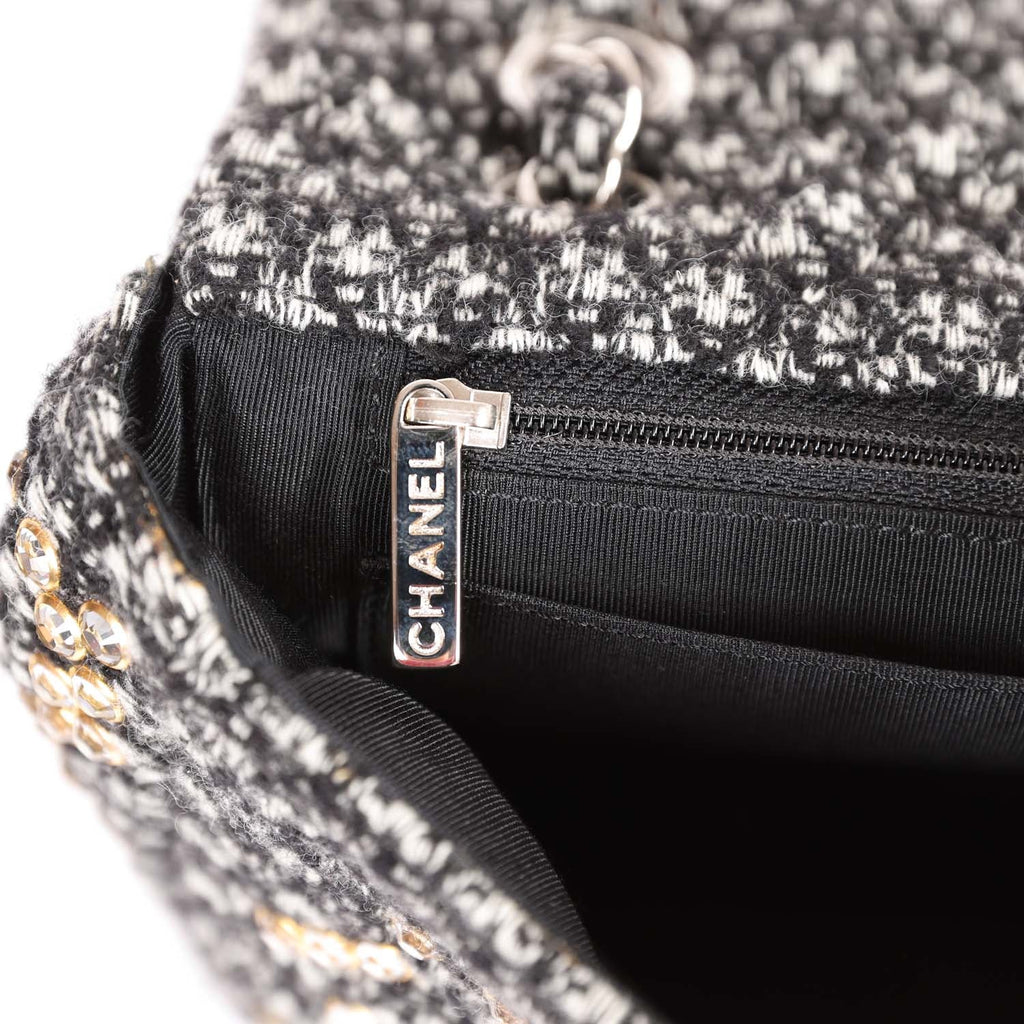 Pre-owned Chanel Medium Single Flap Black and White Tweed With Crystals Silver Hardware