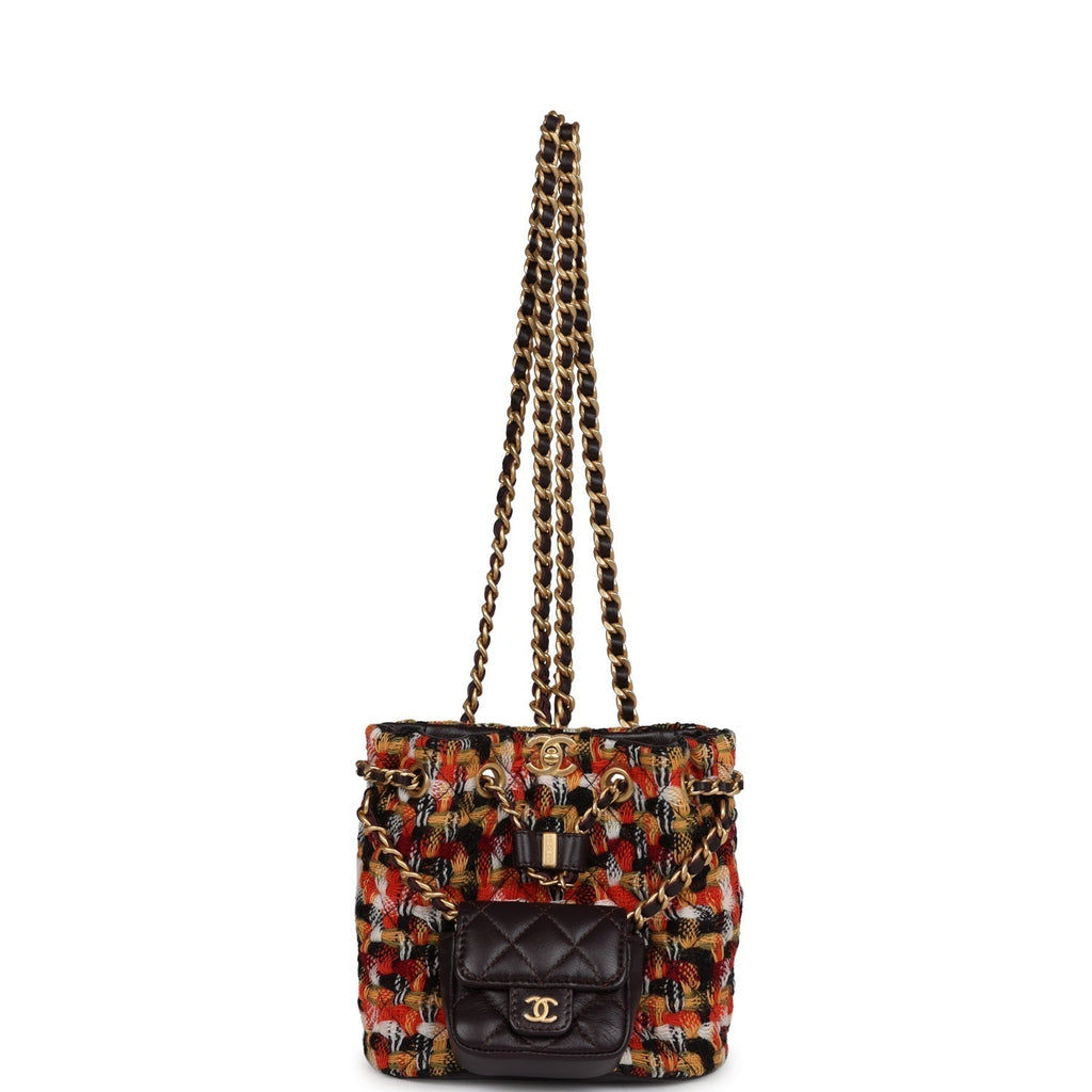 Chanel Small Drawstring Backpack Multicolored Tweed Antique Gold Hardware