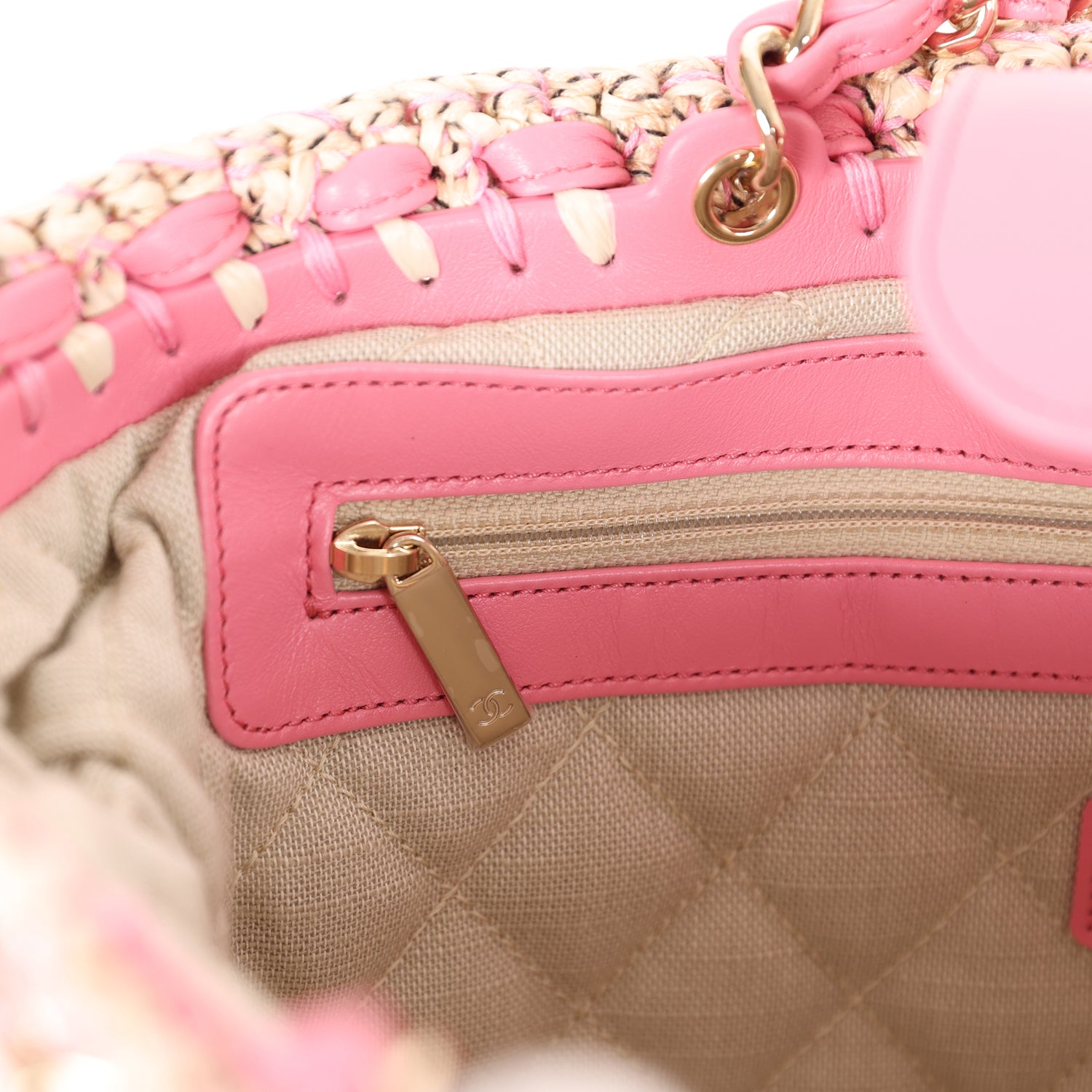 Chanel Small Crochet Shopping Tote Pink and Beige Woven Gold Hardware