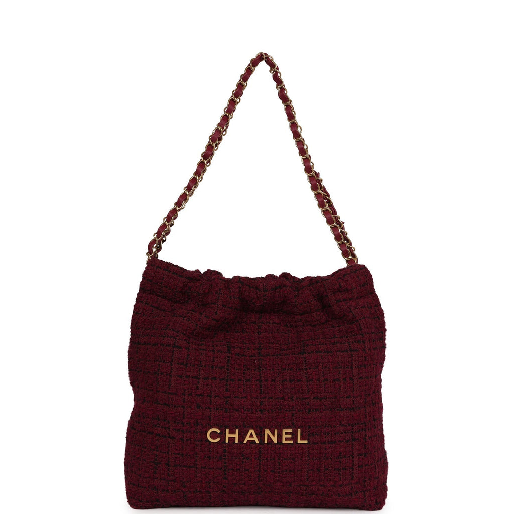 Chanel Small 22 Bag Burgundy and Black Tweed Gold Hardware