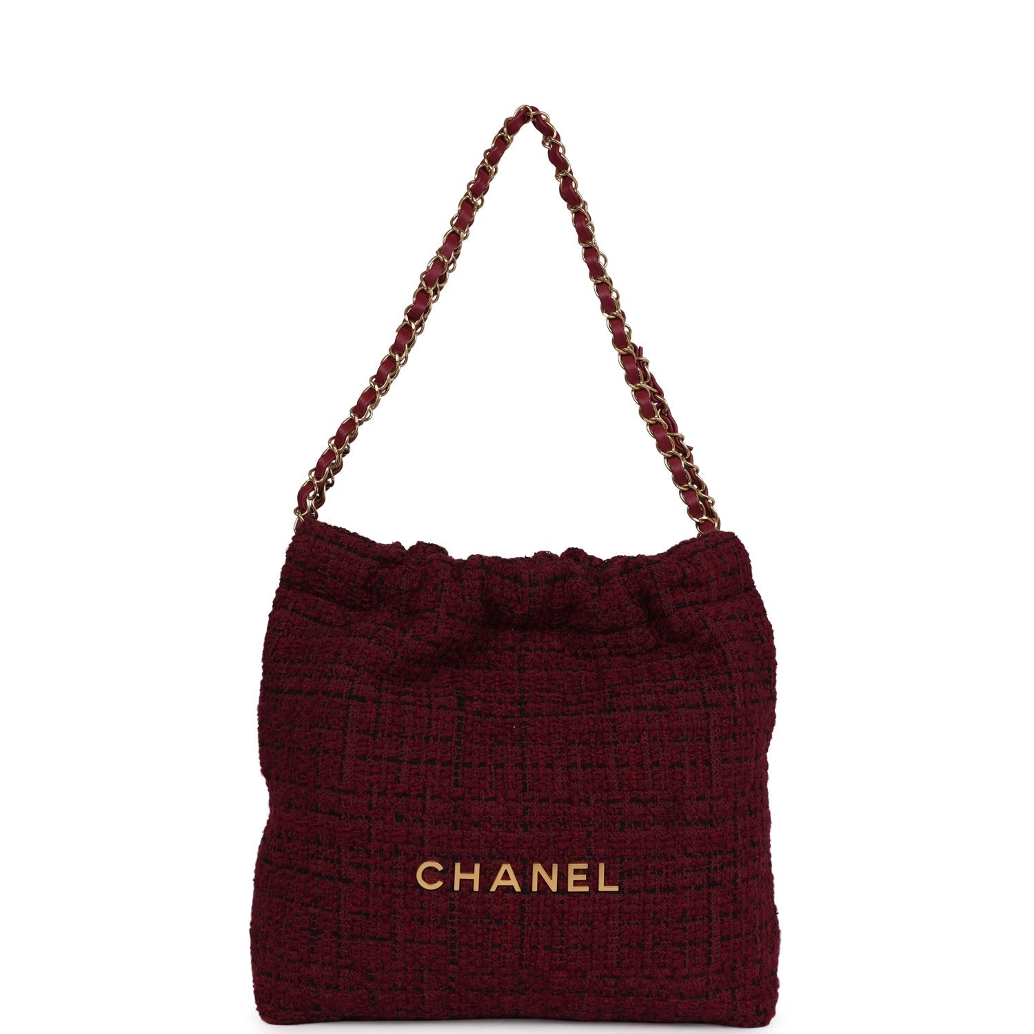 Chanel Small 22 Bag Burgundy and Black Tweed Gold Hardware