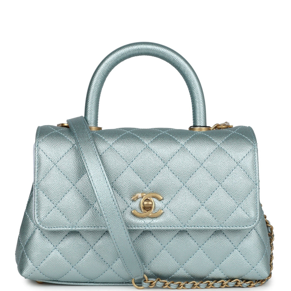 Chanel Small Coco Handle Flap Bag Light Blue Iridescent Caviar Aged Gold Hardware