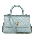 Chanel Small Coco Handle Flap Bag Light Blue Iridescent Caviar Aged Gold Hardware