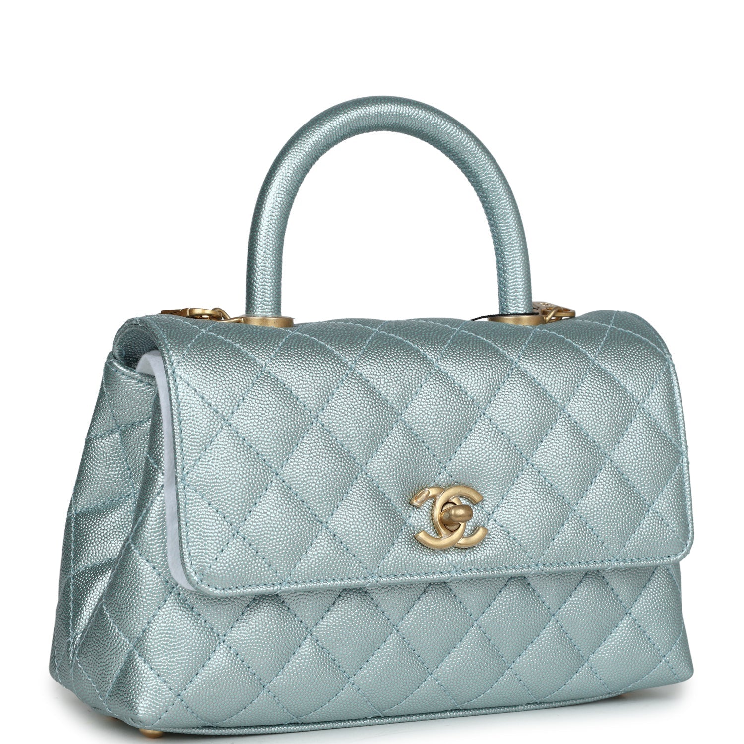 Chanel Small Coco Handle Flap Bag Light Blue Iridescent Caviar Aged Gold Hardware