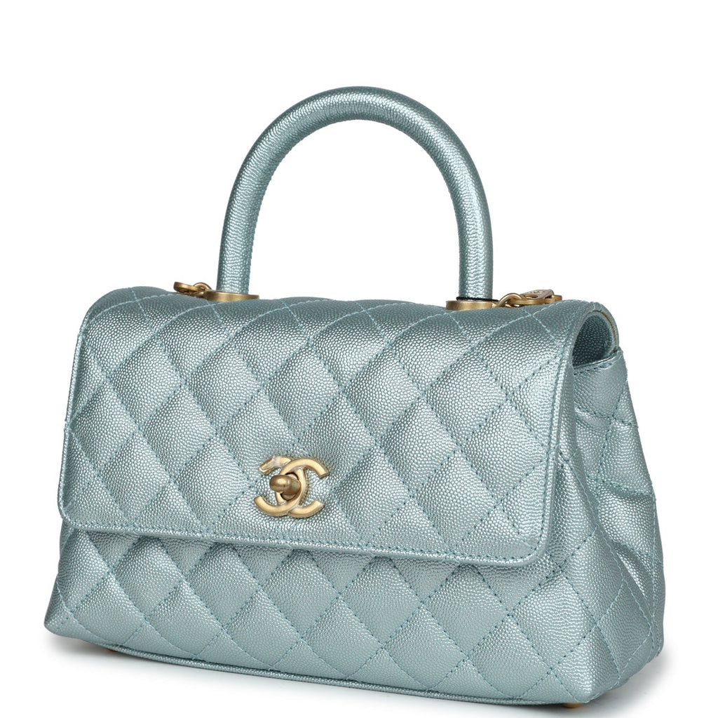 Chanel Small Coco Handle Flap Bag Light Blue Iridescent Caviar Aged Gold Hardware